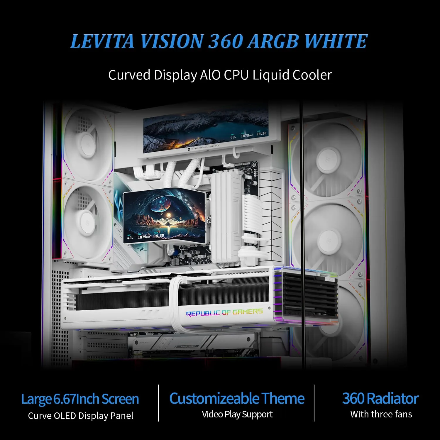 Thermalright Levita Vision 360 ARGB White CPU Water Cooler,6.67-in Magnetic Curved Screen with 2400x1080 Resolution,Building Block Splicing Fan-2000RPM,CPU Cooler for AM4/AM5, Intel lga1700/1851