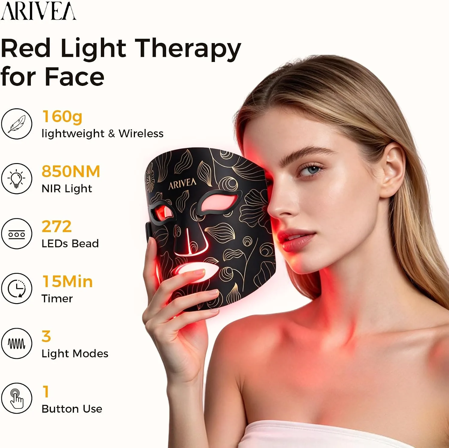 ARIVEA Red Light Therapy Mask for Face, 850nm NIR & Red, Blue LED 3 Lights