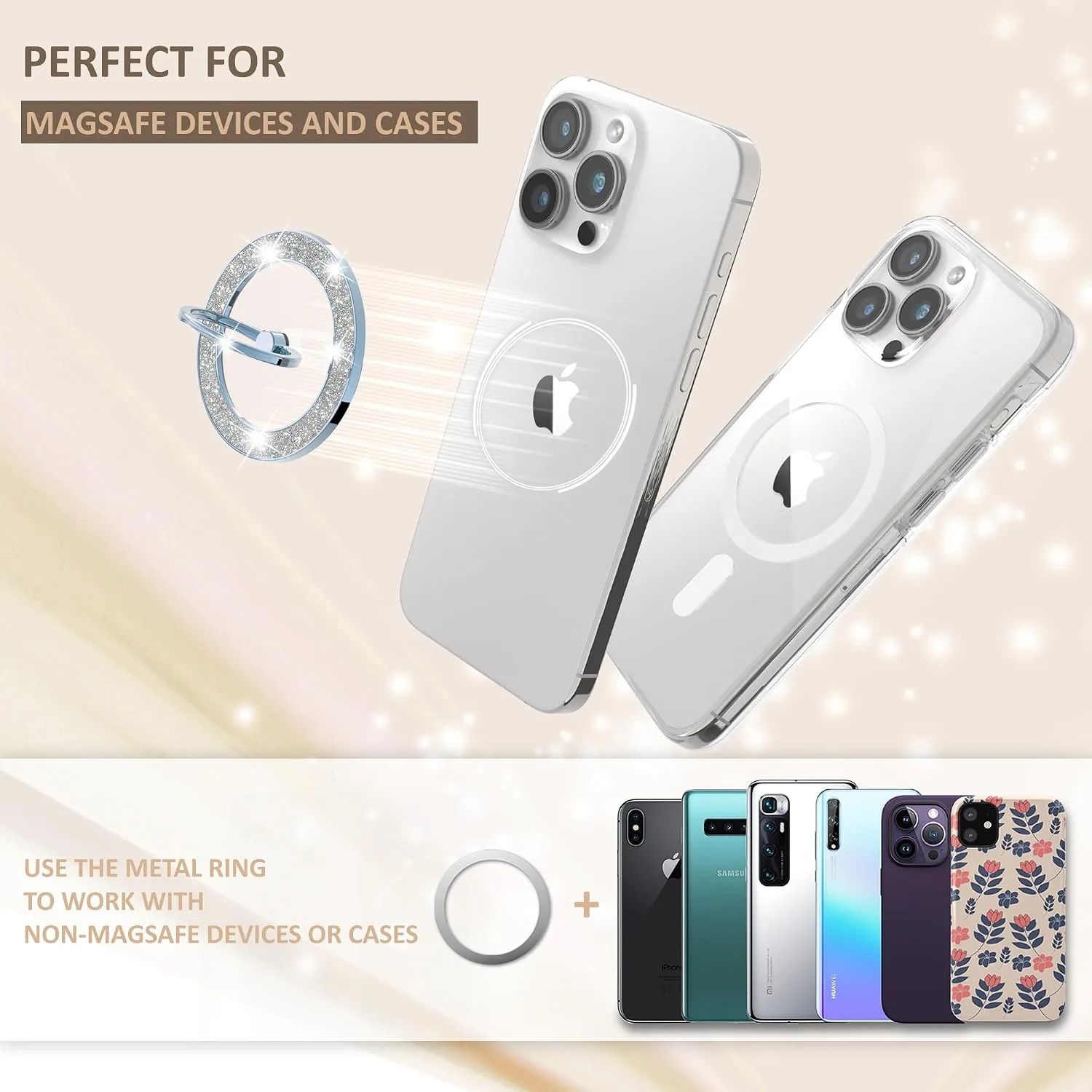 Pikabo Magnetic Phone Ring Holder for MagSafe, Glitter Phone Grip Stand
