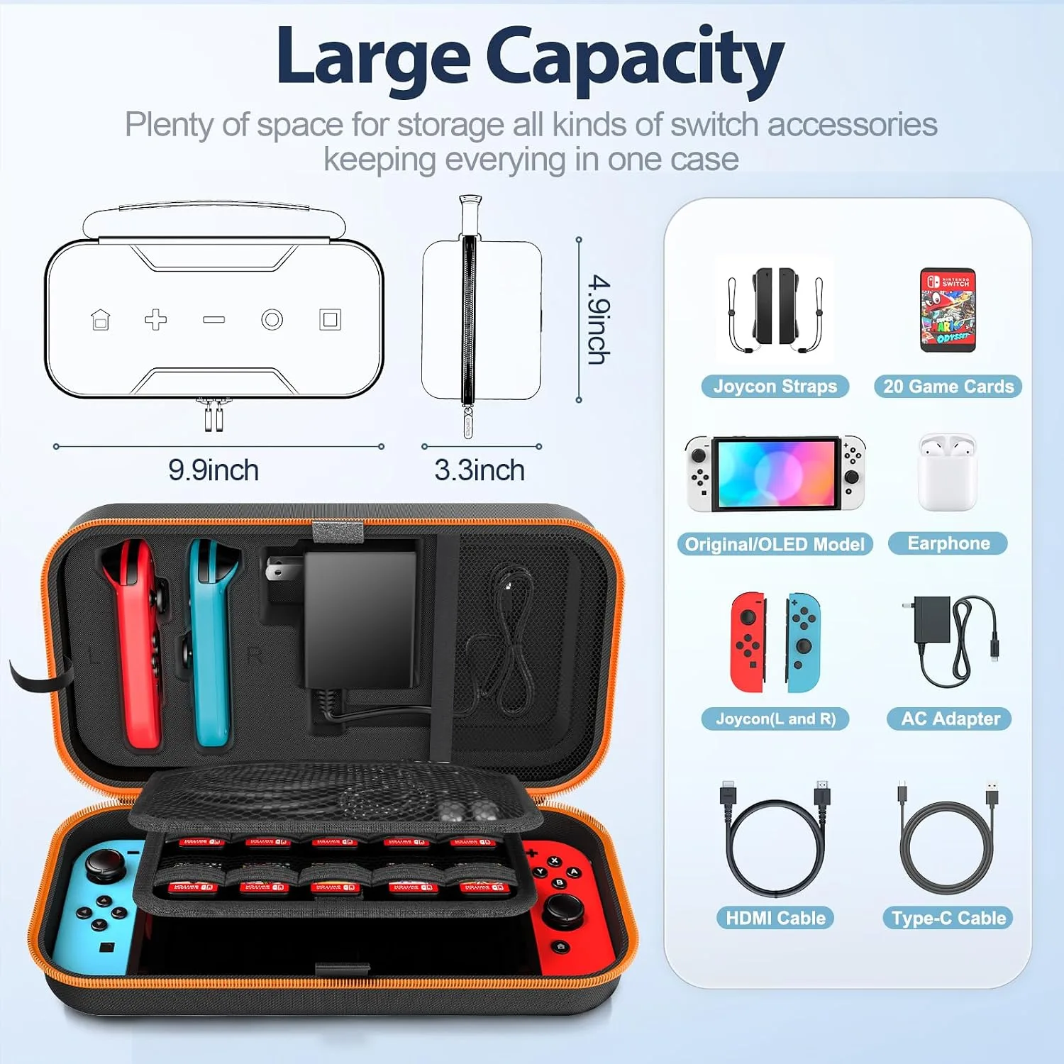OIVO Switch OLED Carrying Case Compatible with Nintendo Switch & OLED, Portable Switch Travel Carry Case Fit for Joy-Con and Adapter, Hard Shell Protective Switch Pouch Bag with 20 Games, Orange