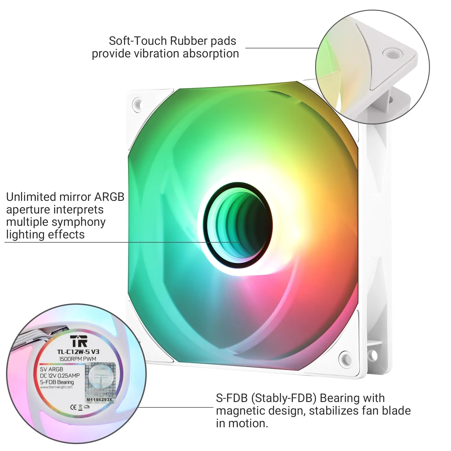 Thermalrlght TL-C12W-S V3 x3 Packs Case Fan 120mm ARGB CPU Cooler Fan Comes with ARGB Mirror Light Effect,PC PWM Silent Fan with 1500RPM Speed, White