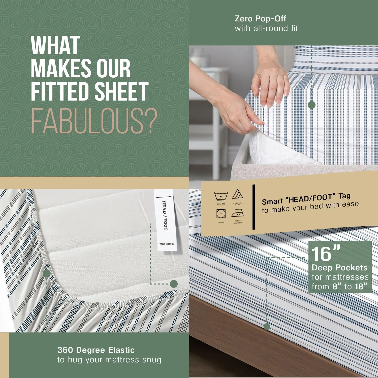 TEXAS LINEN CO. 100% Organic Cotton Sheets Twin Size - 3 PC Organic Cotton Percale Printed Sheets Twin Set (Dotted Stripe), Soft, Cooling Bedsheets, 16" Deep Pocket Hotel Bedding - GOTS Certified