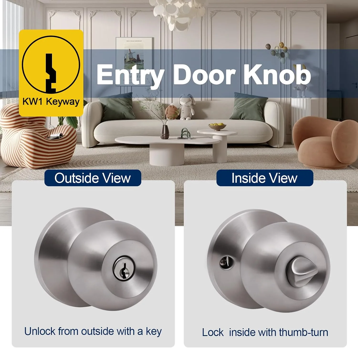 Lanwandeng Door Knobs with Lock and Key, Keyed Entry Door Knob, Exterior and Interior Door Lock, Door Handle Satin Nickel