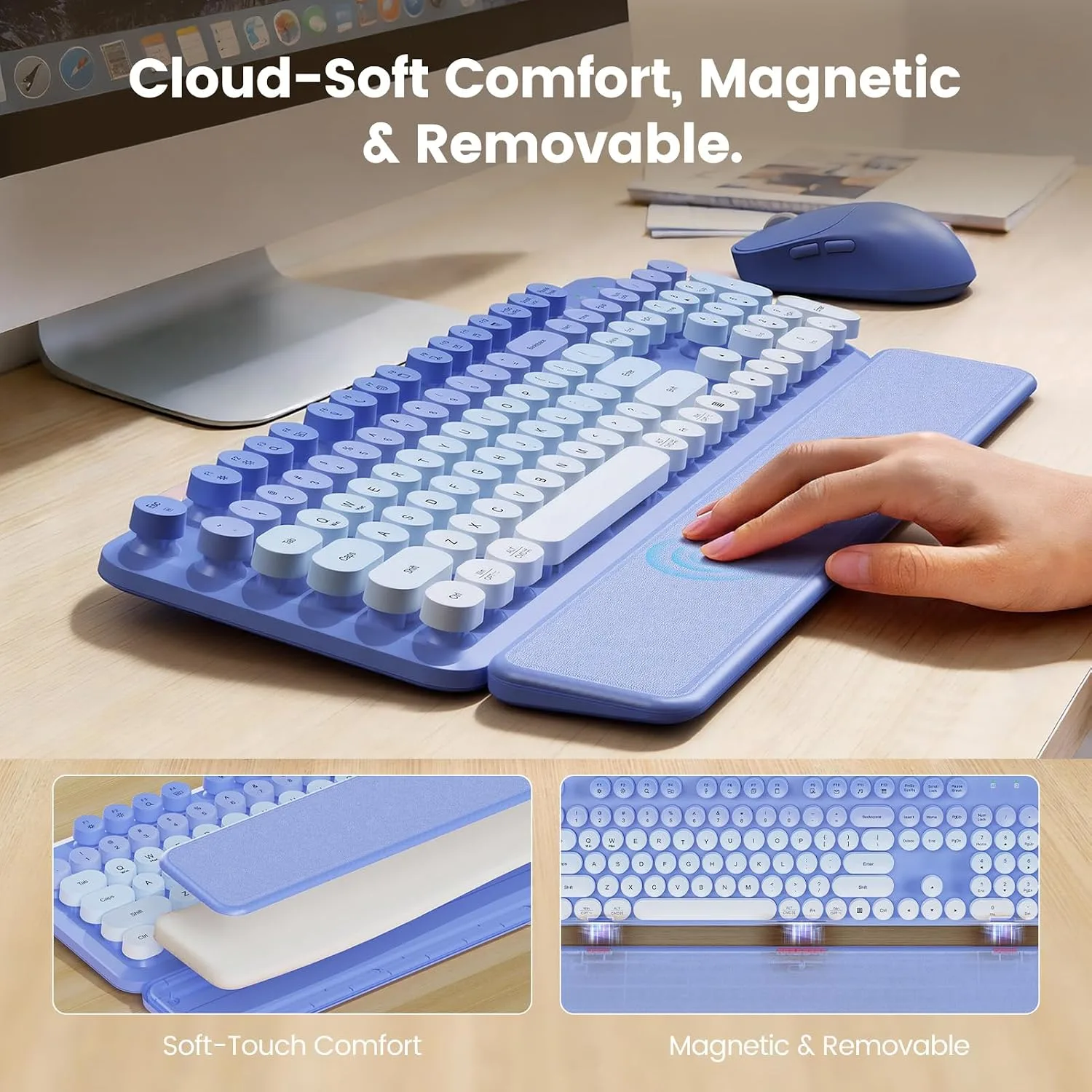 Wireless Keyboard and Mouse Combo, Magnetic Soft-Touch Wrist Rest, Purple