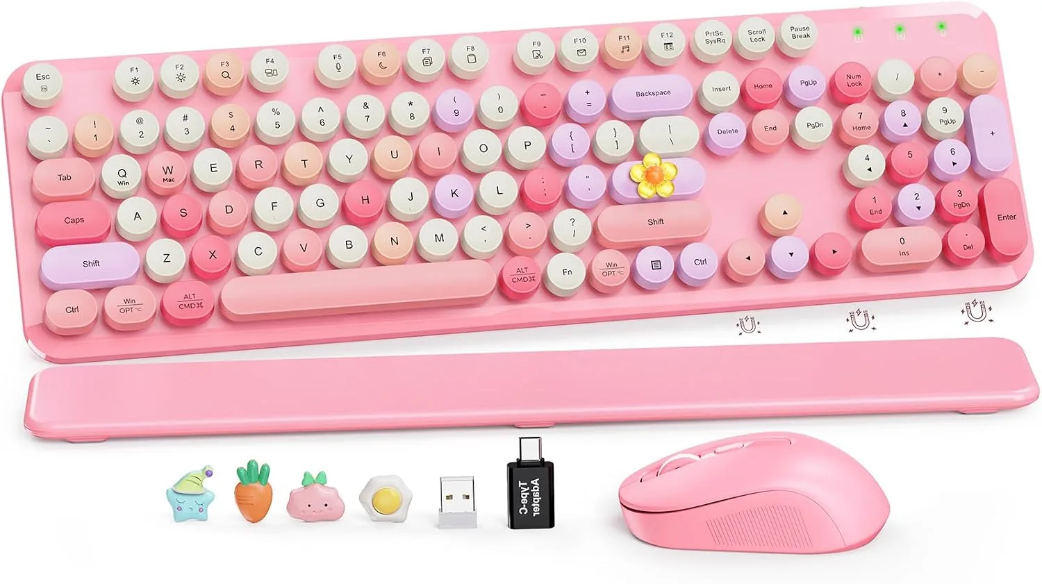 Wireless Keyboard and Mouse Combo, Round Keycaps, Magnetic Wrist Rest, Pink