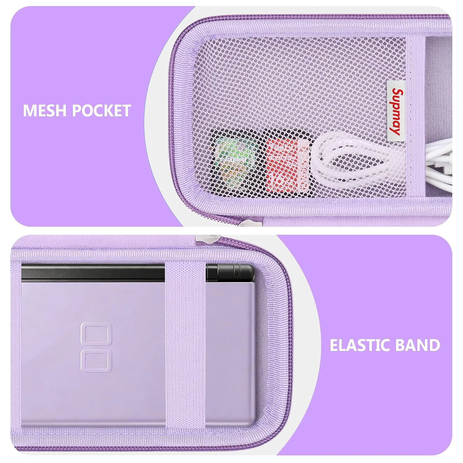Supmay Hard Carrying Case Compatible with Nintendo DS Lite NDSL, Gameboy Advance Games Storage Holder Travel Bag with Mesh Pocket for USB Charging Cable, Stylus, Earphones, Game Cartridge, Purple