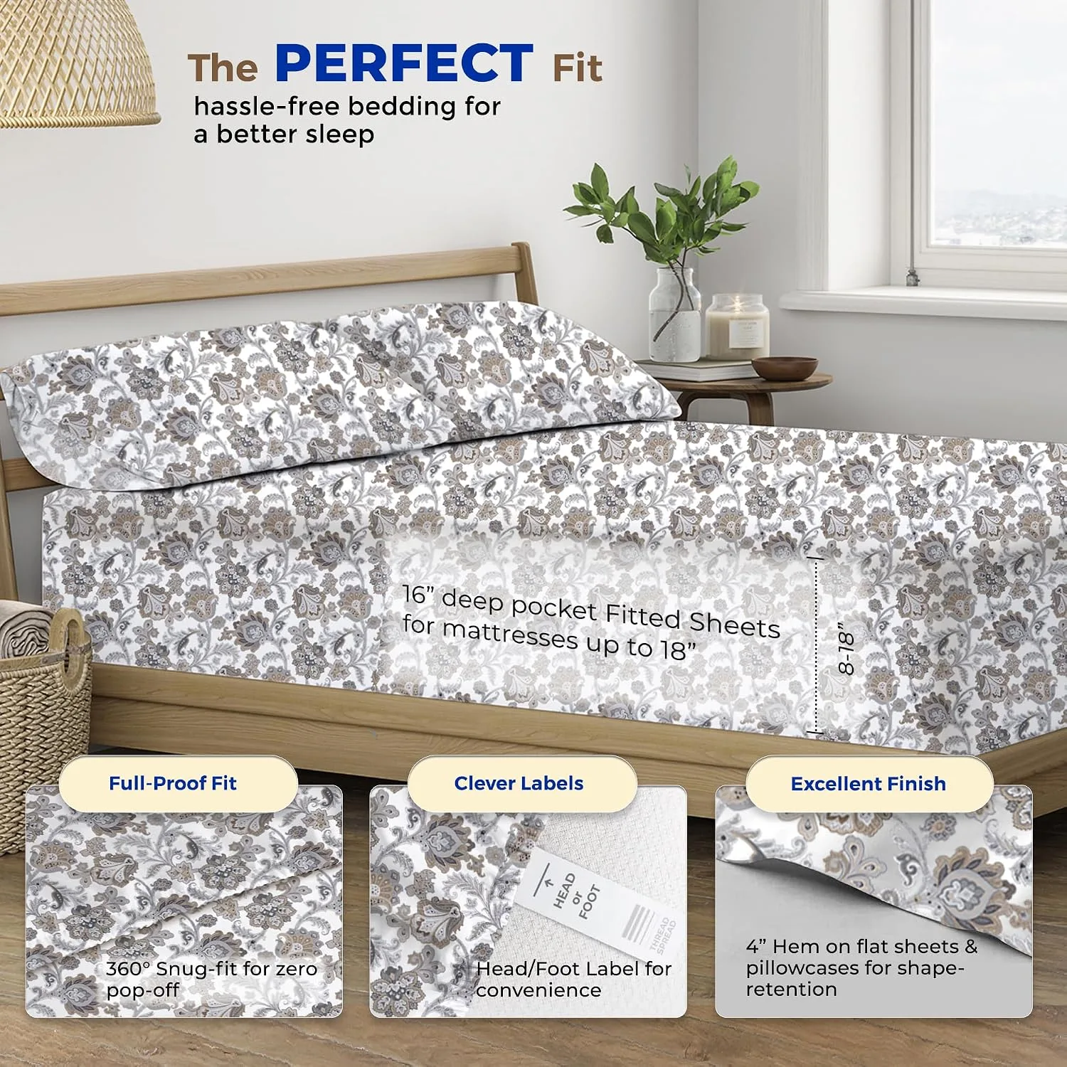 THREAD SPREAD Egyptian Cotton Sheets King Size - Luxury 600 Series King Size Sheets Set (4 PC, Floral Ivory), 16" Deep Pocket All Around Elastic, Soft, Cooling, Sateen, Durable Hotel Bed Sheet Sets