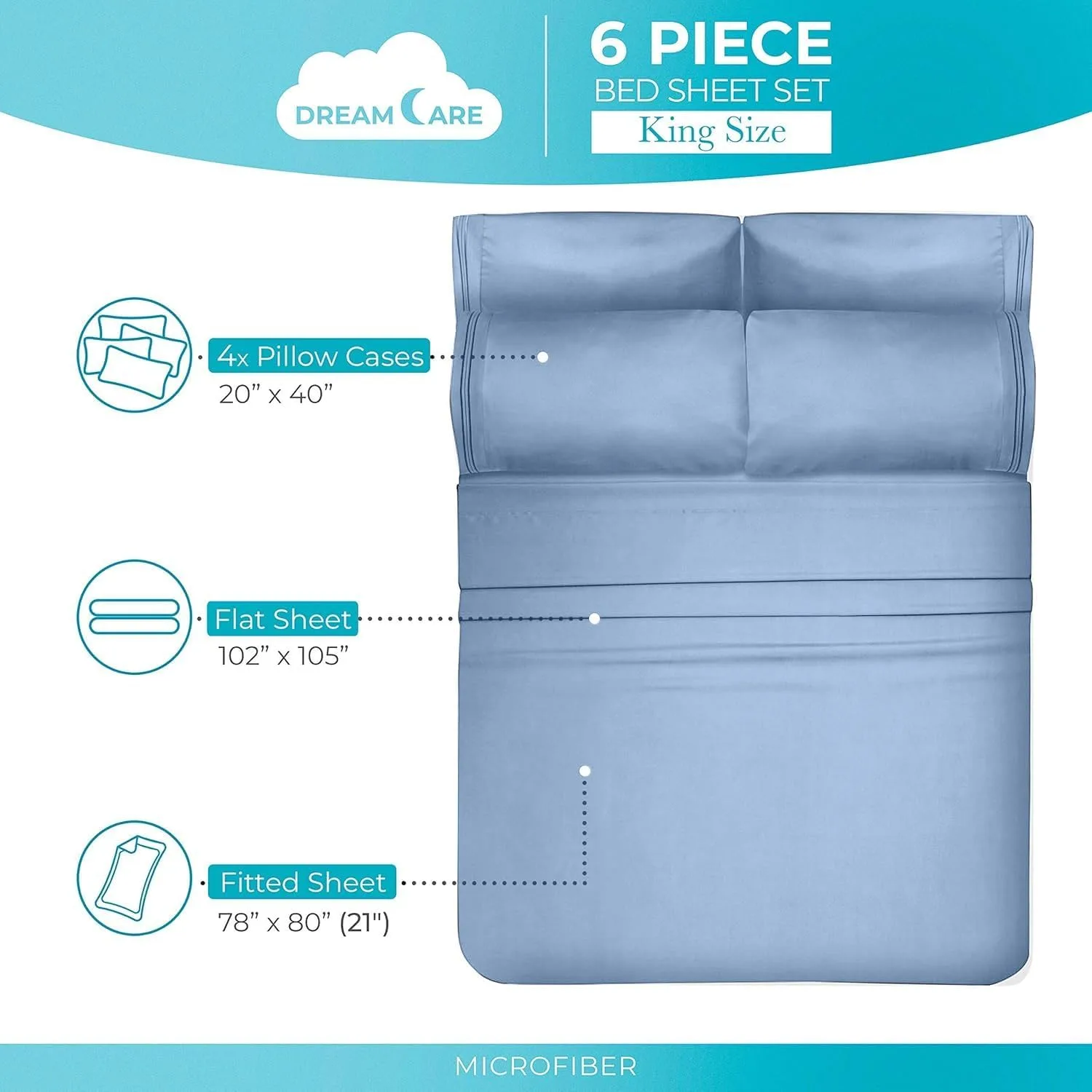 DREAMCARE King Size Sheets Set - 6 pcs Breathable Cooling Sheets King Size