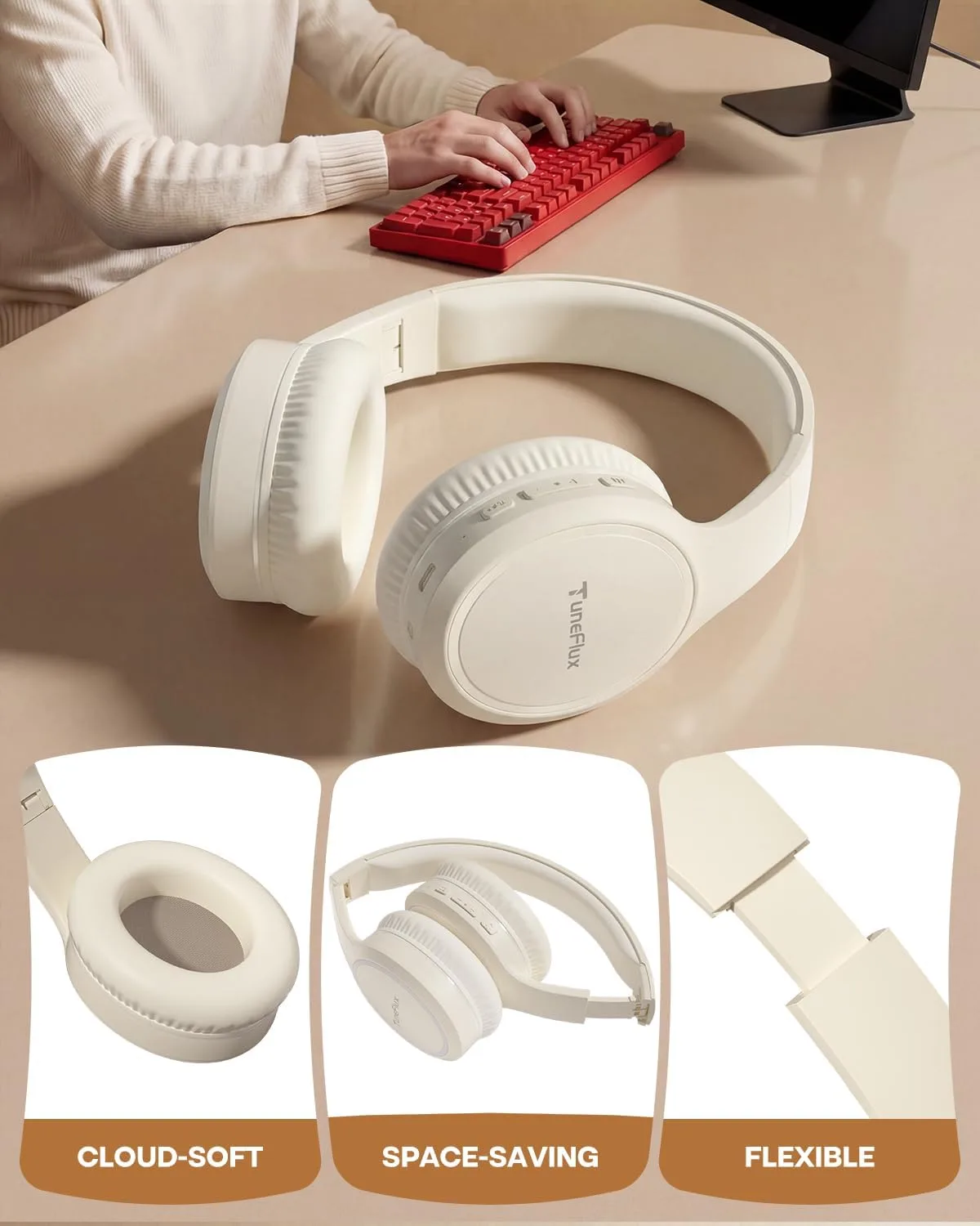 TuneFlux Bluetooth Headphones, 70H Playtime, Over-Ear, 3 EQ Modes-Beige