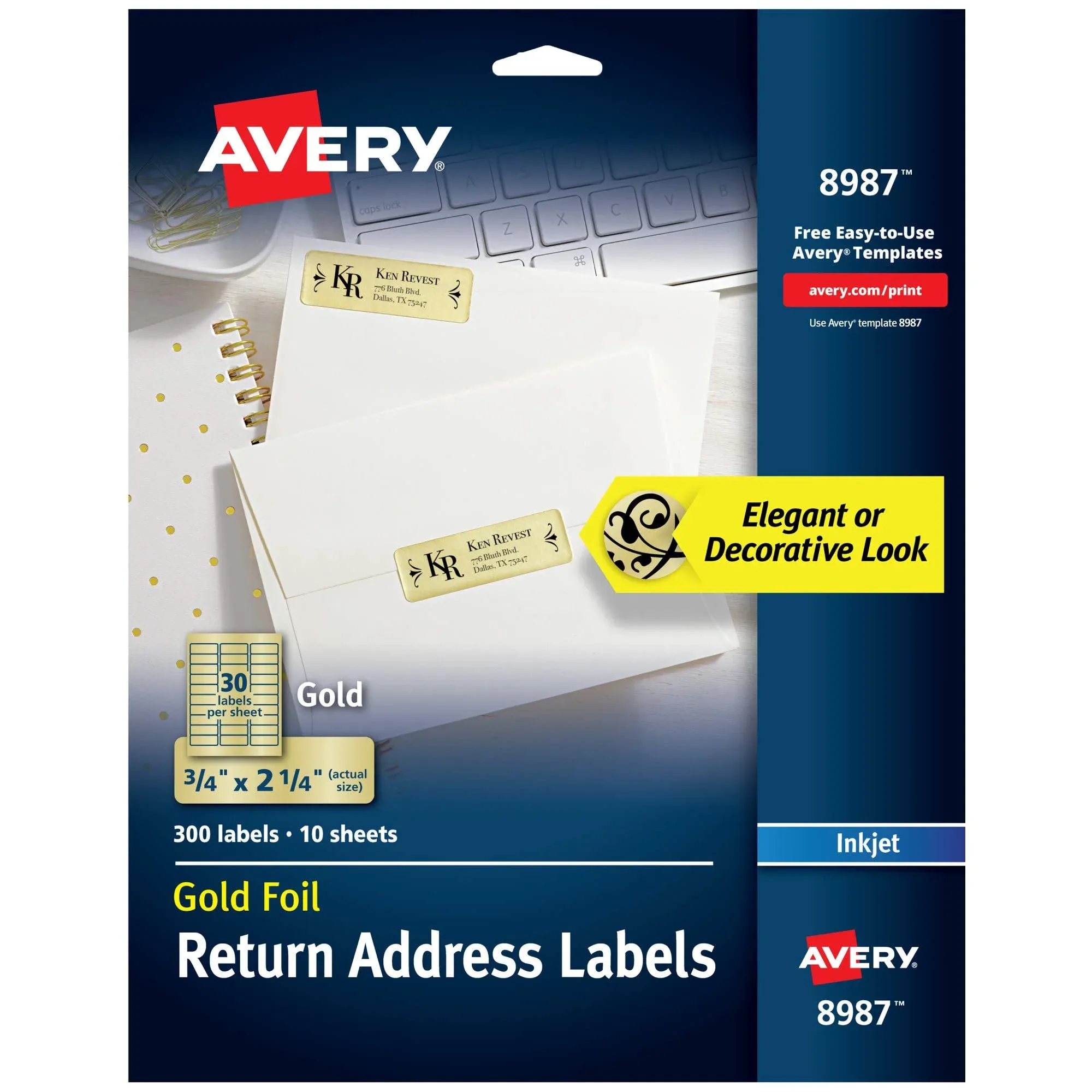 Etiquetas adhesivas Avery doradas para direcciones, 0.75" x 2.25", paquete de 300