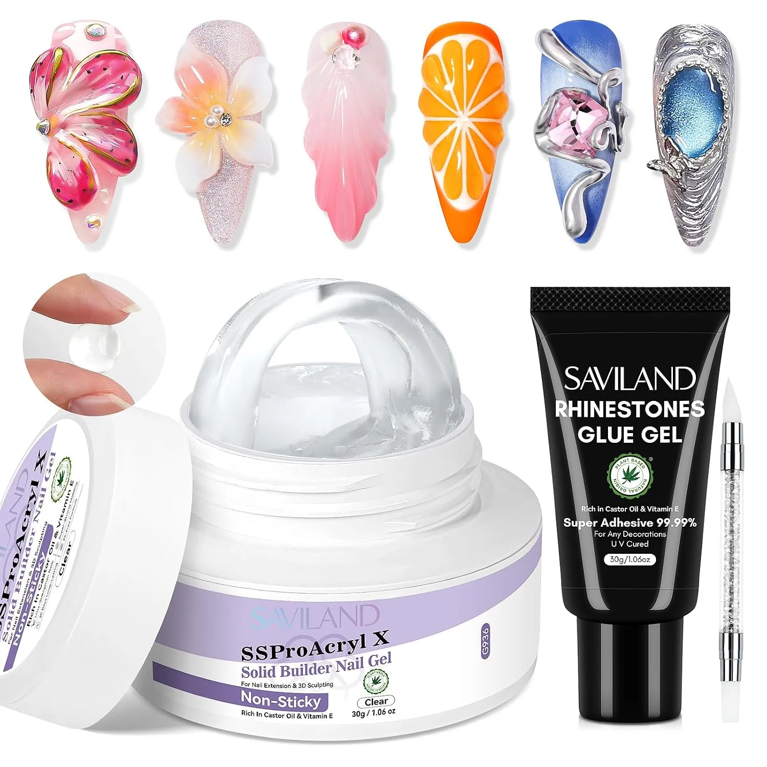 SAVILAND Pro Solid Builder Nail Gel for Nails with 30 g Rhinestone Glue Gel: 30 Days Long Lasting Clear 3D Nail Gel for Nail Extension Nail Art Salon