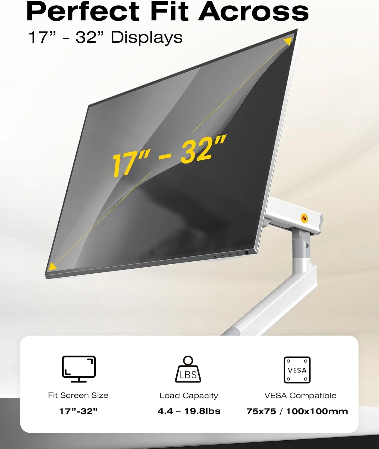 NB SmooVex™ Single Monitor Arm for Monitors 17'' to 32 inch, Mechanical Spring Mount Load up to 9 kg, VESA 75/100 mm Monitor-Mount A5 (White)
