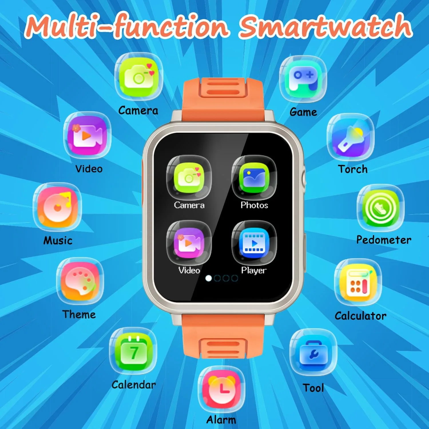 Wiszodet Kids Smart Game Watch with 24 Games HD Touch Screen Video Camera Music Player Pedometer Flashlight Alarm Clock 12/24 hr, Gifts for 5-12 Year Olds Boys Orange