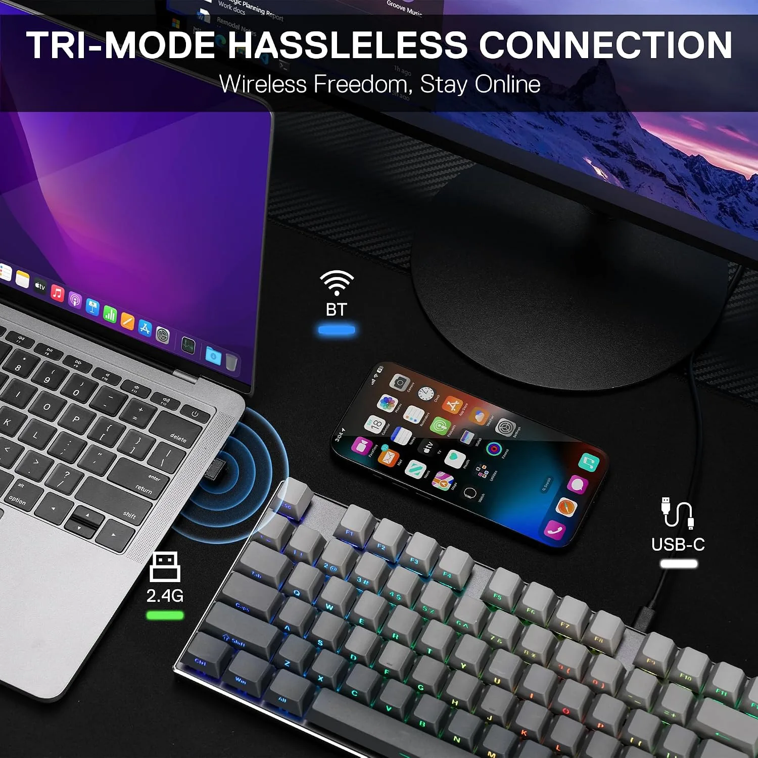 Redragon K556 PRO Wireless RGB Gaming Keyboard, Aluminum Board, PBT Keycaps