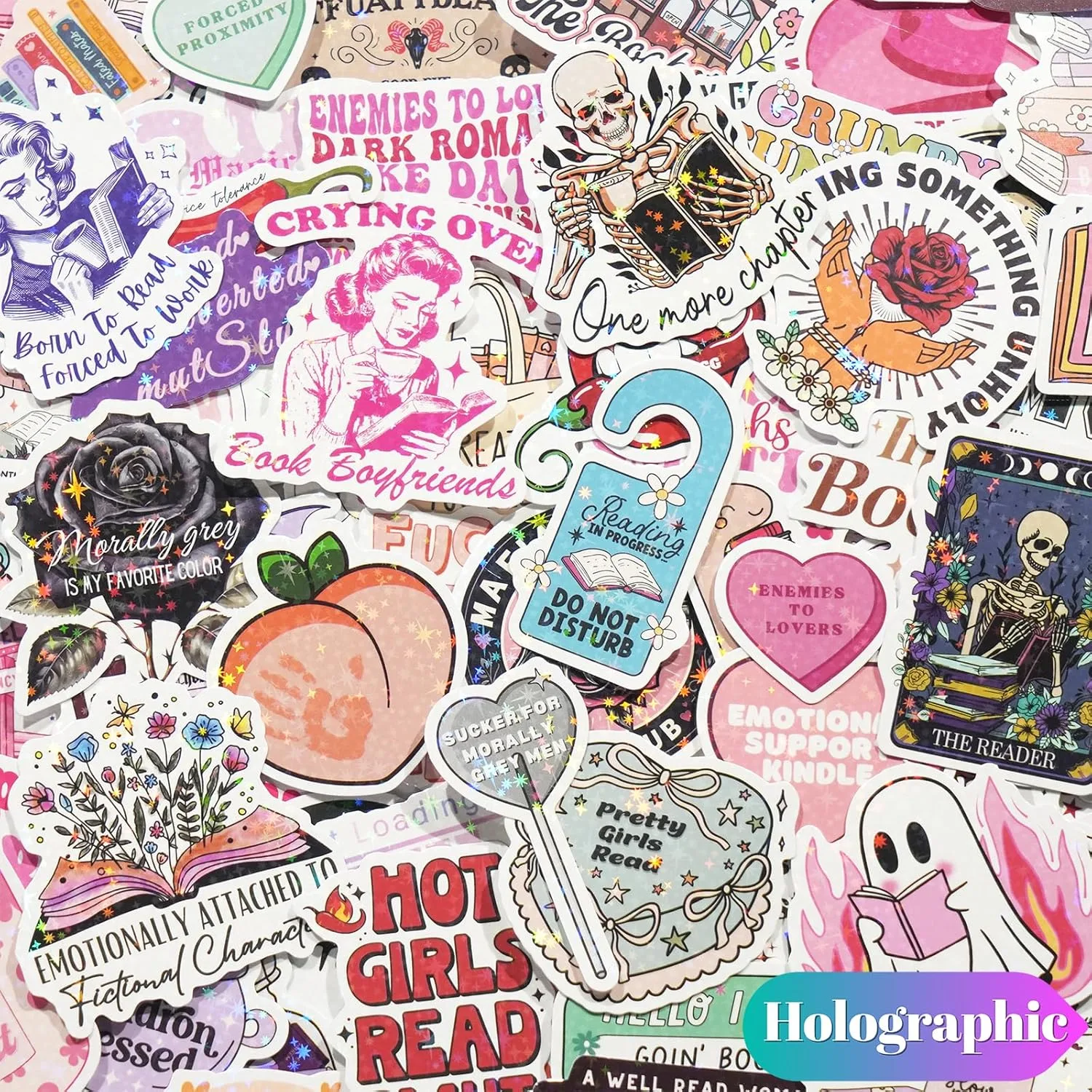 150 PCS Romance Book Stickers for Kindle, Holographic Bookish Sticker Pack Reading Glitter Vinyl Decals for Laptop Ebook Readers Water Bottles Journal Scrapbook Waterproof (Pack of 2)