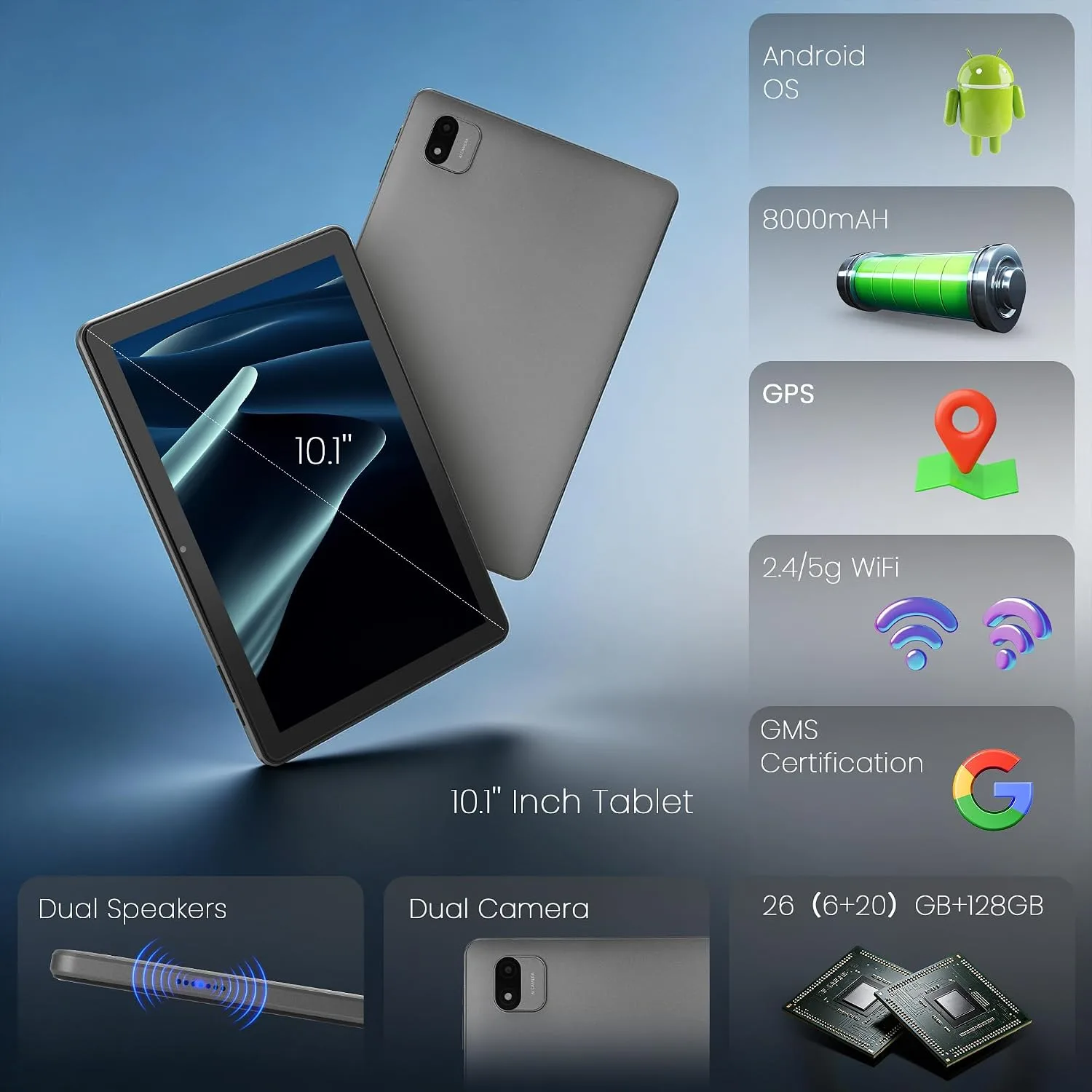 Android 16 Tablet, 10.1" HD IPS, 26GB RAM, 128GB ROM, WiFi 6, BT 5.4, Grey