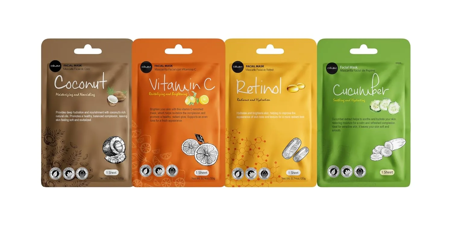 Celavi Korean Face Mask Sheet Set, Spa Masks, 12 Pack, Collagen Mix