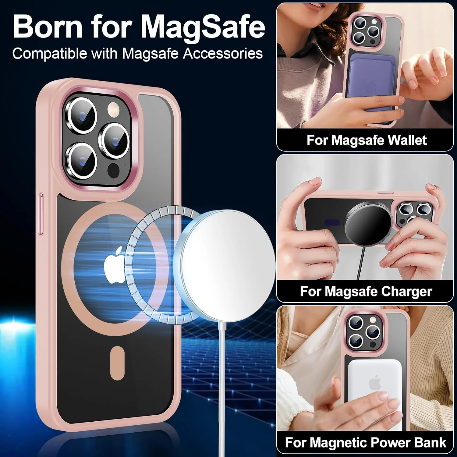 Temdan for iPhone 15 Pro Case with Screen Protector Clear Pink