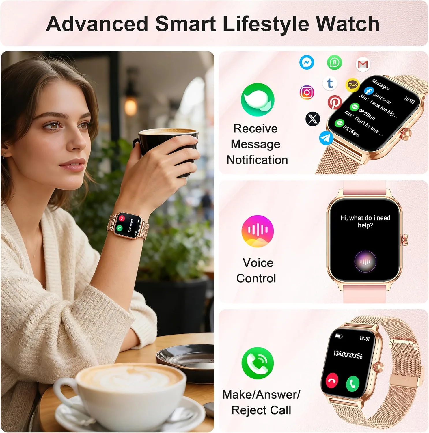 Smart Watch Women Men, Answer/Make Call, 1.96'' Fitness Tracker with Blood Pressure, HR, Sleep Monitor, 110+ Sport Modes Reloj Inteligente para Mujer Smartwatch Compatible with iPhone/Samsung/Android