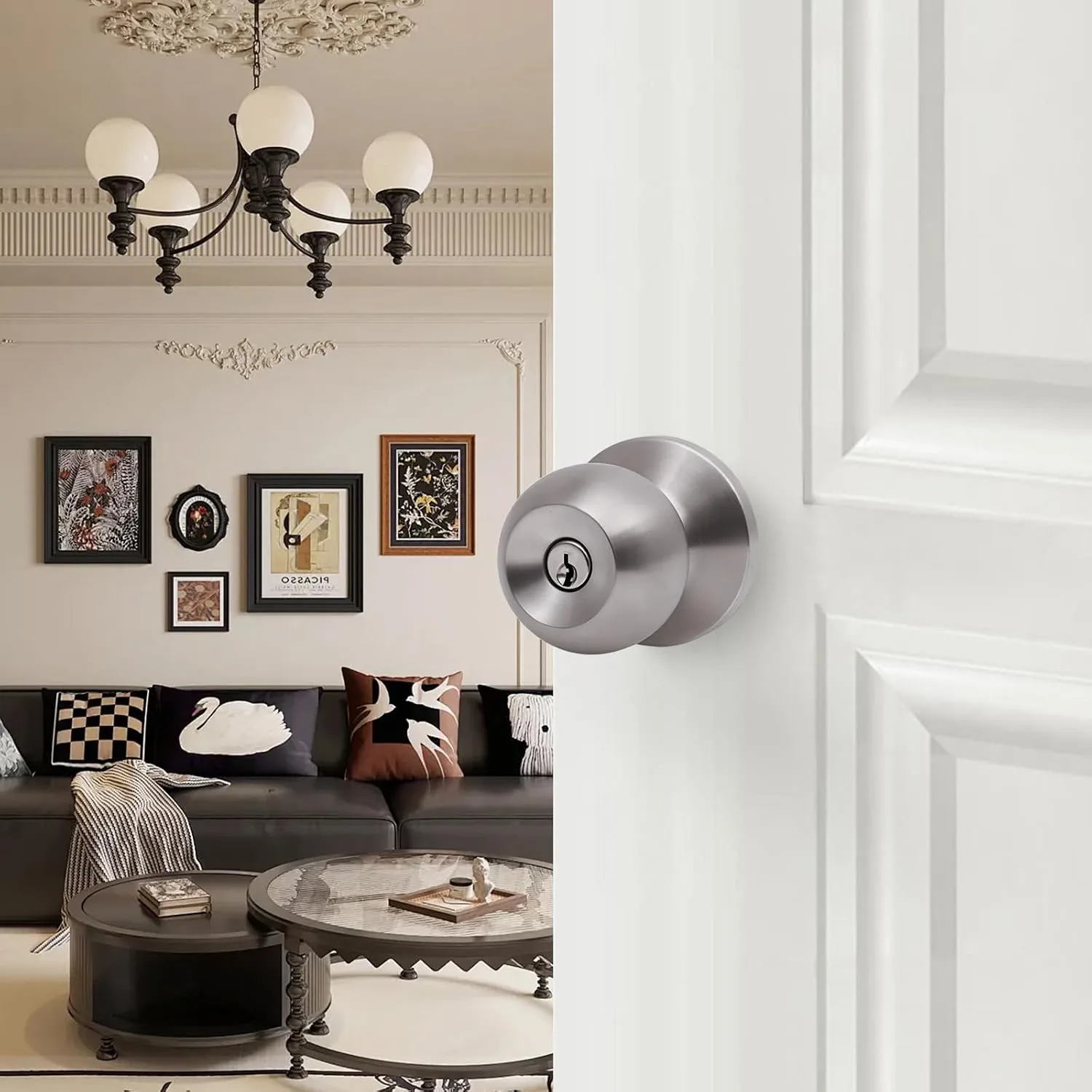 Lanwandeng Door Knobs with Lock and Key, Keyed Entry Door Knob, Exterior and Interior Door Lock, Door Handle Satin Nickel