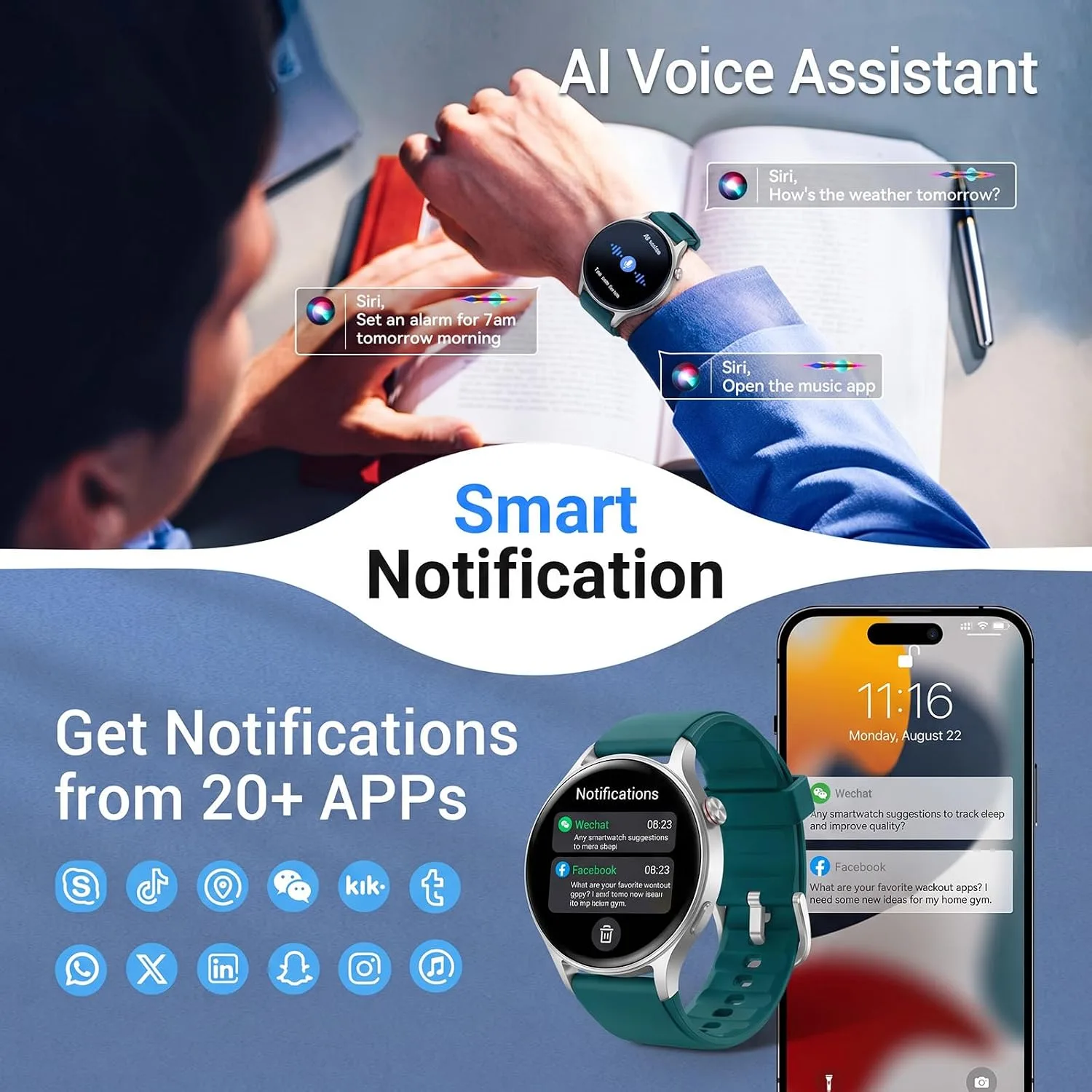 Fitpolo Smart Watch for Men Women,1.3" AMOLED Fitness Tracker (Teal Green)