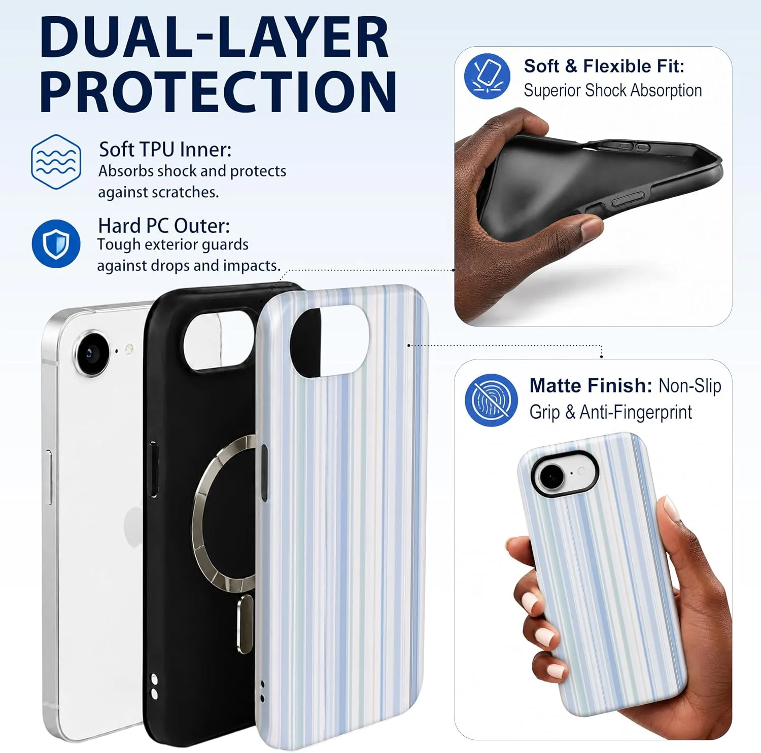 Magnetic for iPhone 16e/17e Phone Case, Cute Pastel Blue Striped