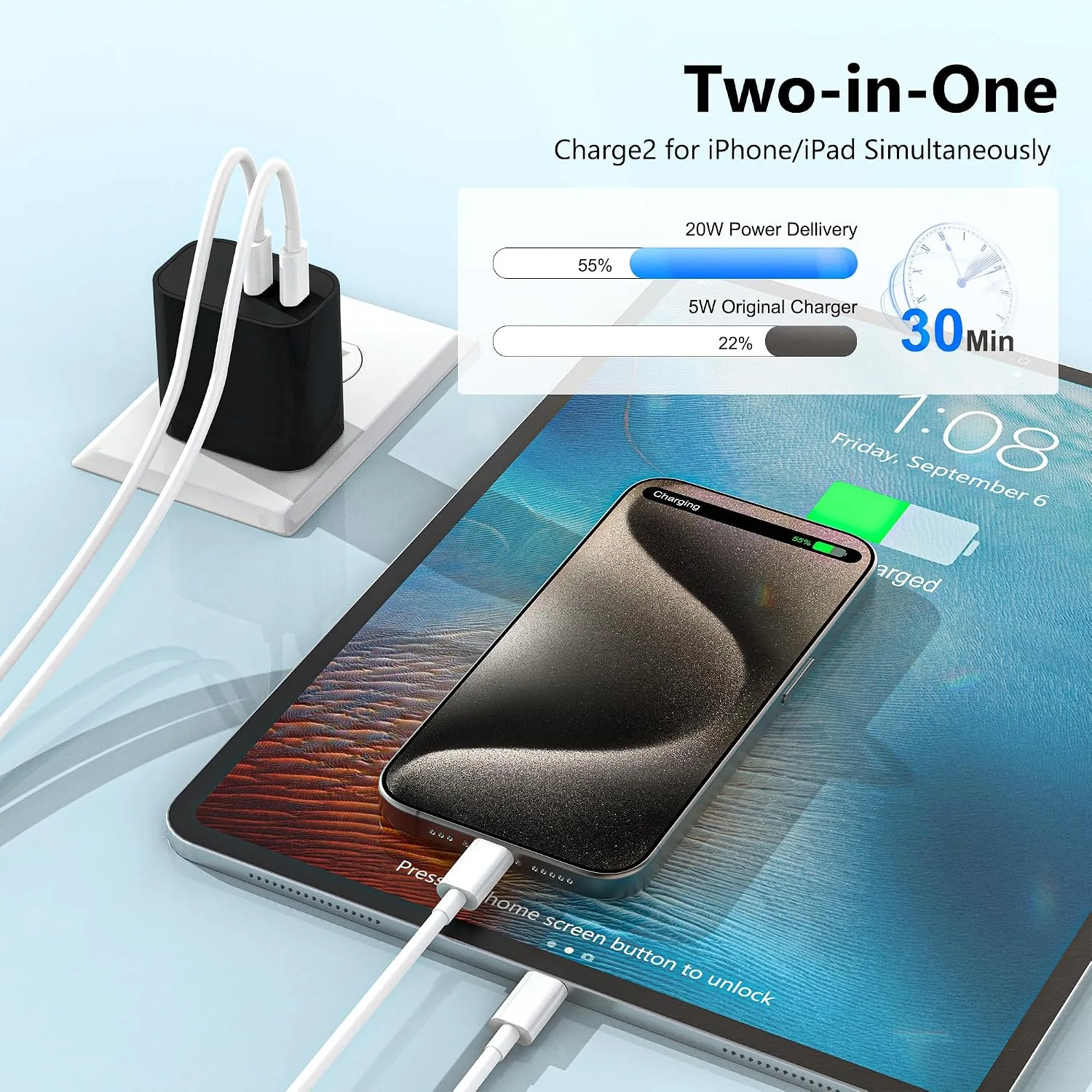 USB C Charger Block 3 Pack, Dual Port 20W Fast Wall Plug (Black)