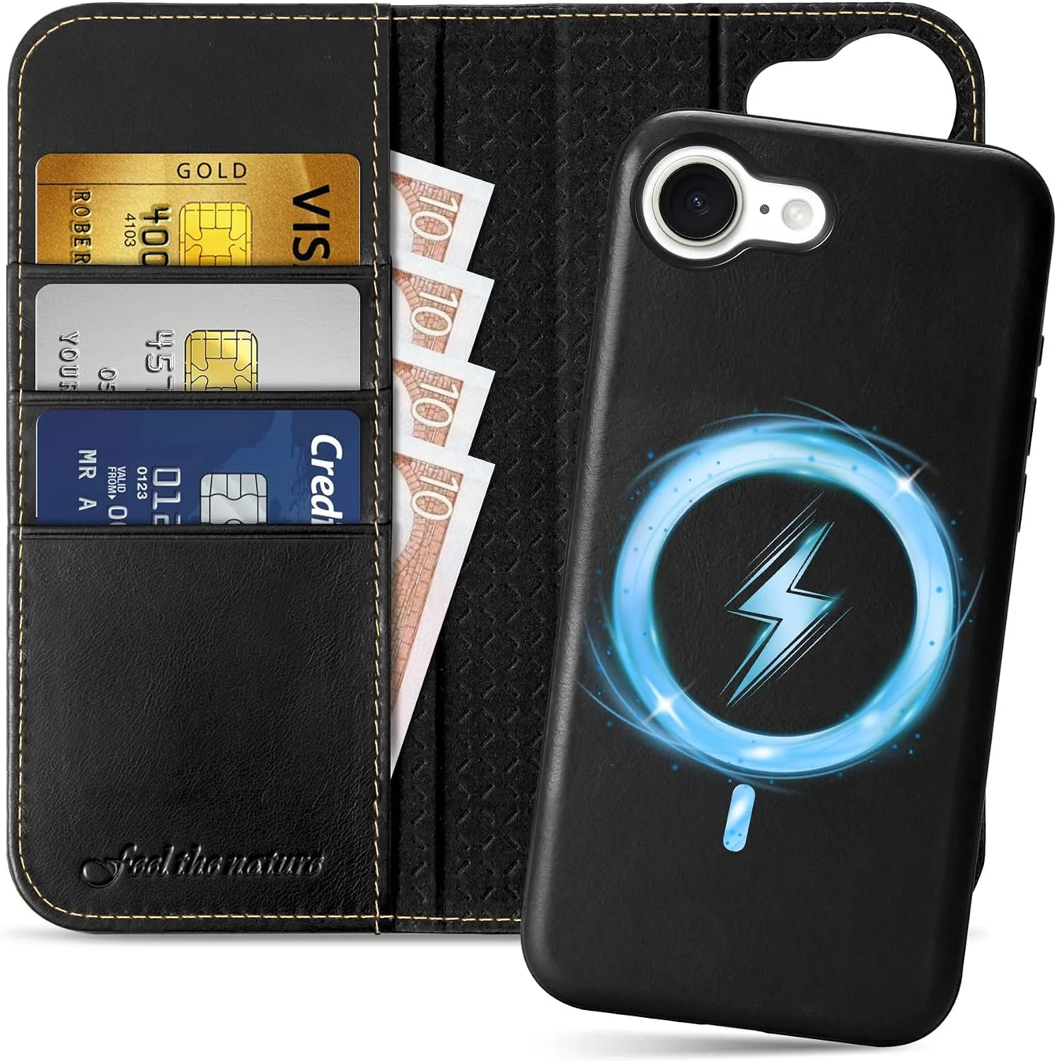 SHIELDON 2 in 1 Real Leather Case Wallet for iPhone 17e 6.1", Retro Black
