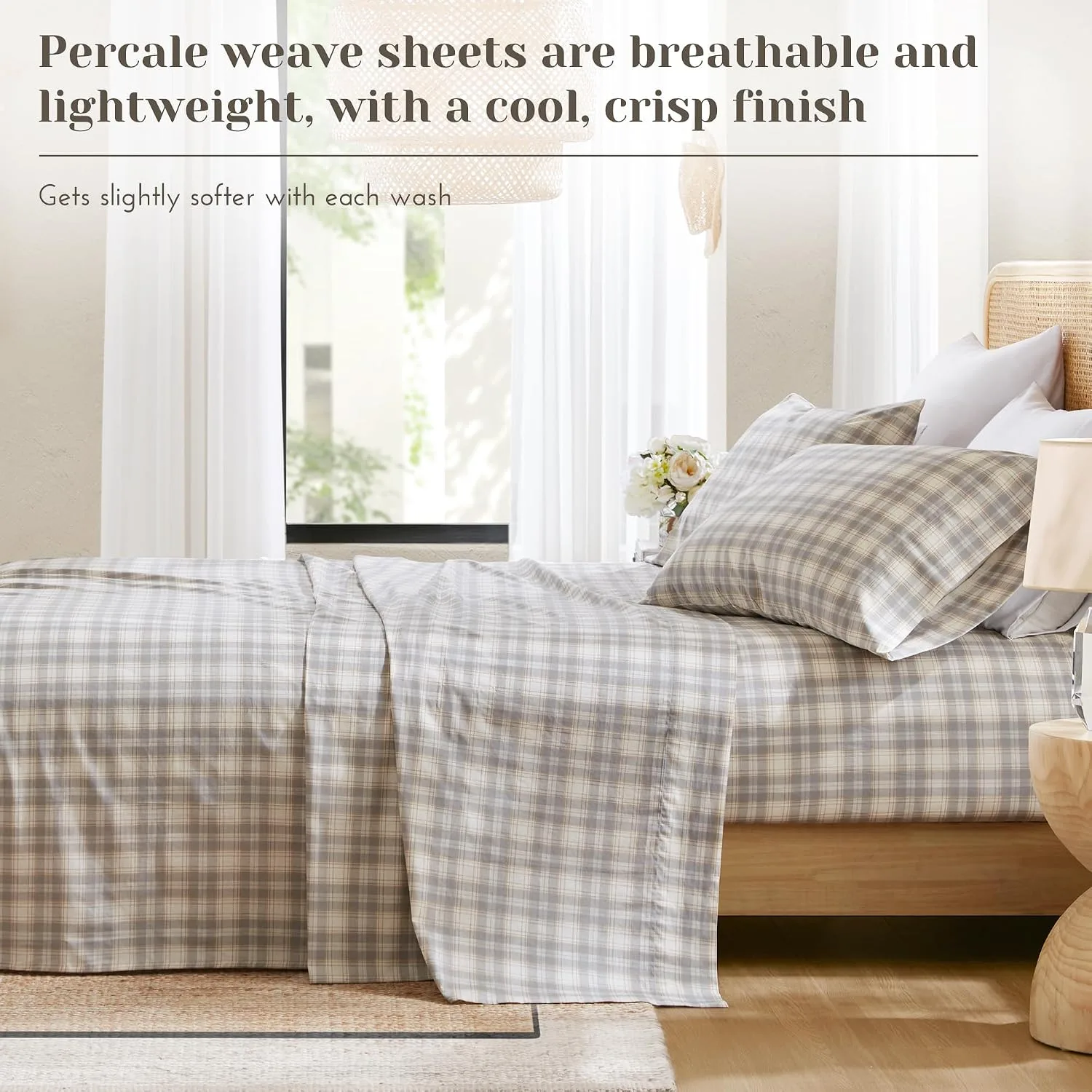 Comfort Spaces 100% Cotton Percale Sheets Twin Size 3 Piece, Wesley Taupe