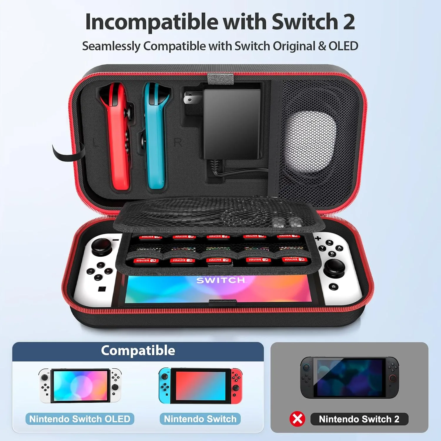 Switch Carrying Case Compatible with Nintendo & OLED, Portable Switch Travel Carry Case Fit for Joy-Con and Adapter, Hard Shell Protective OLED Pouch Bag with 20 Games, Red For N DS Cases & Storage
