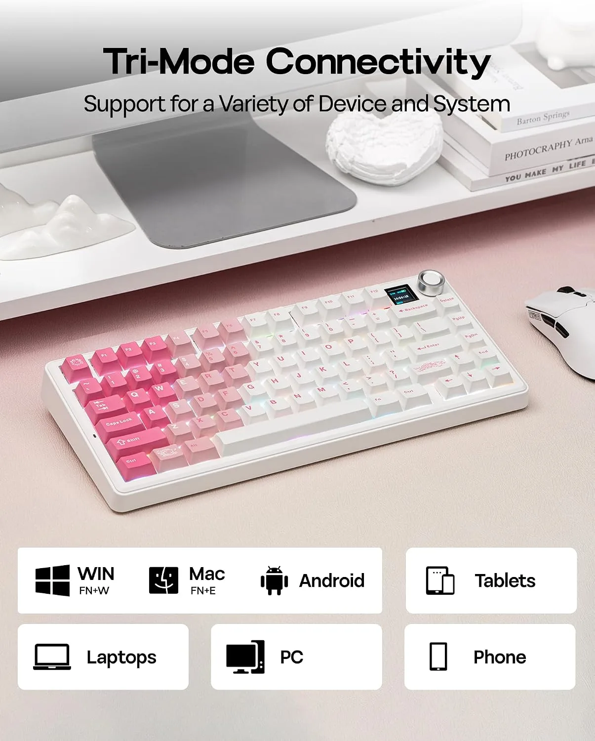 EPOMAKER X Aula F75 MAX Wireless Mechanical Keyboard with TFT Screen and Knob, Gasket Keyboard in 75% Layout, Hot Swappable Gaming Keyboard for PC/Mac/Linux (White Pink)