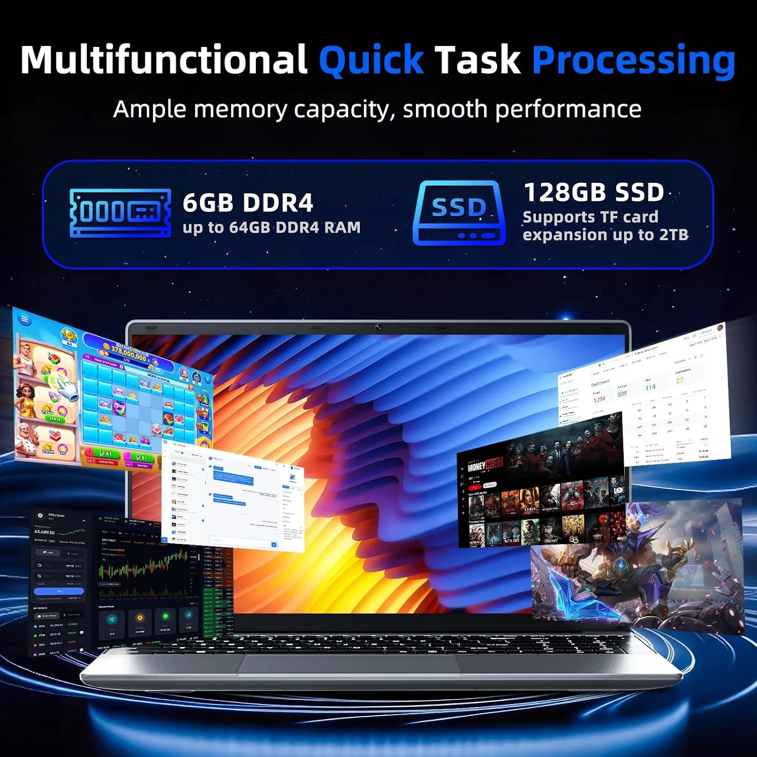 15.6'' AI Laptop with Office 365, 6GB RAM 128GB SSD