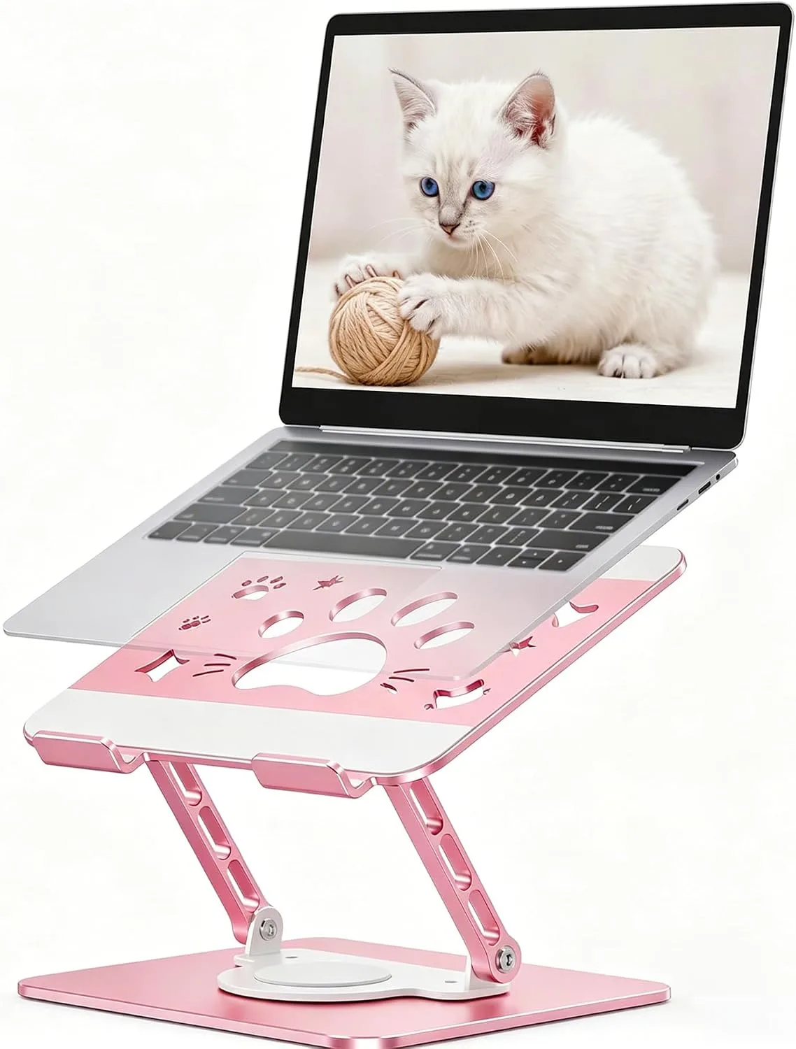 Adjustable Cat Paw Laptop Stand for Desk, 360° Rotating Foldable Carbon Steel Laptop Holder, Ergonomic Cooling Laptop Riser Fits 17.3 Inch MacBook Pro/Air Dell HP Lenovo