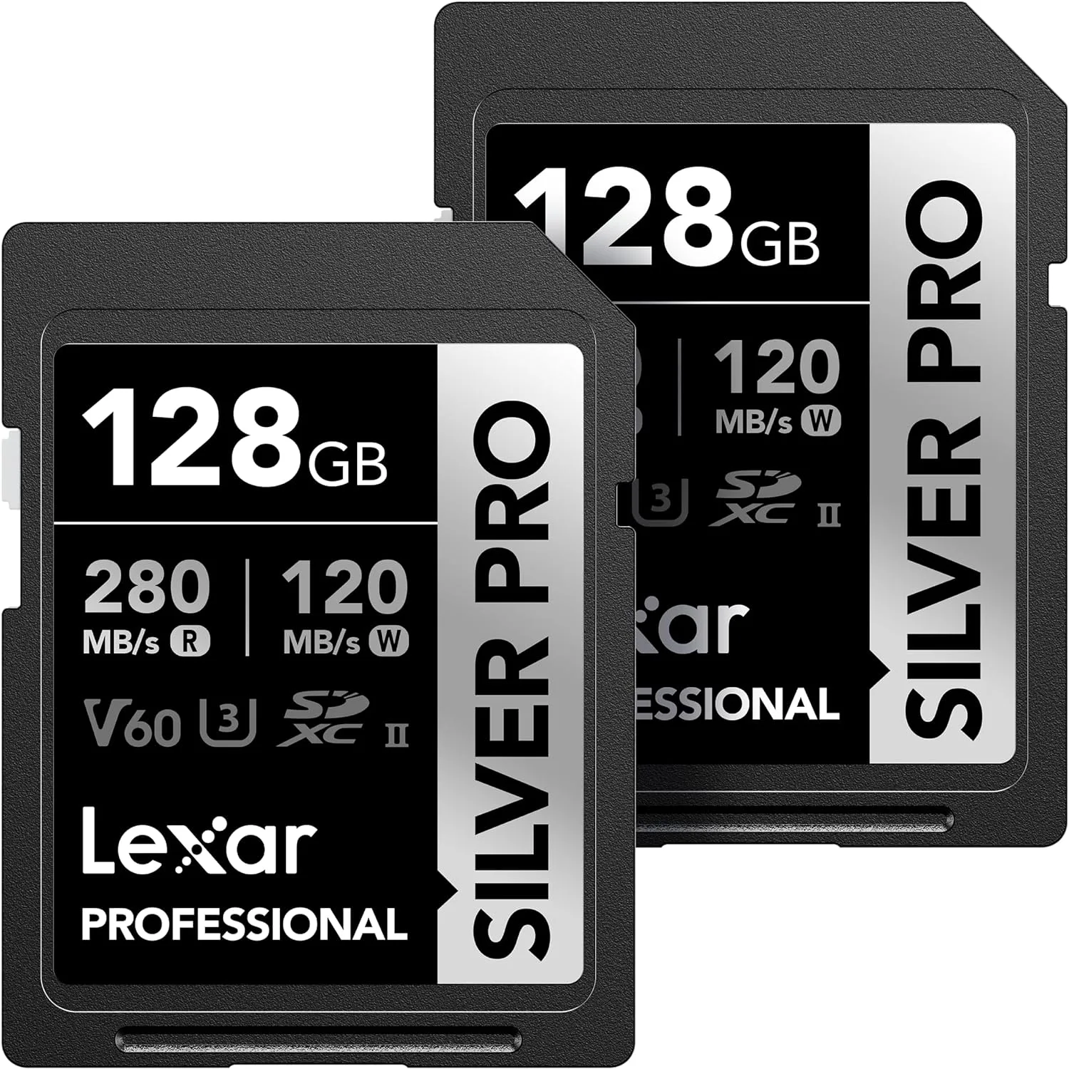 Lexar 128GB 2-Pack Silver PRO SD Card, 280MB/s Read, 4K, V60, U3, UHS-II