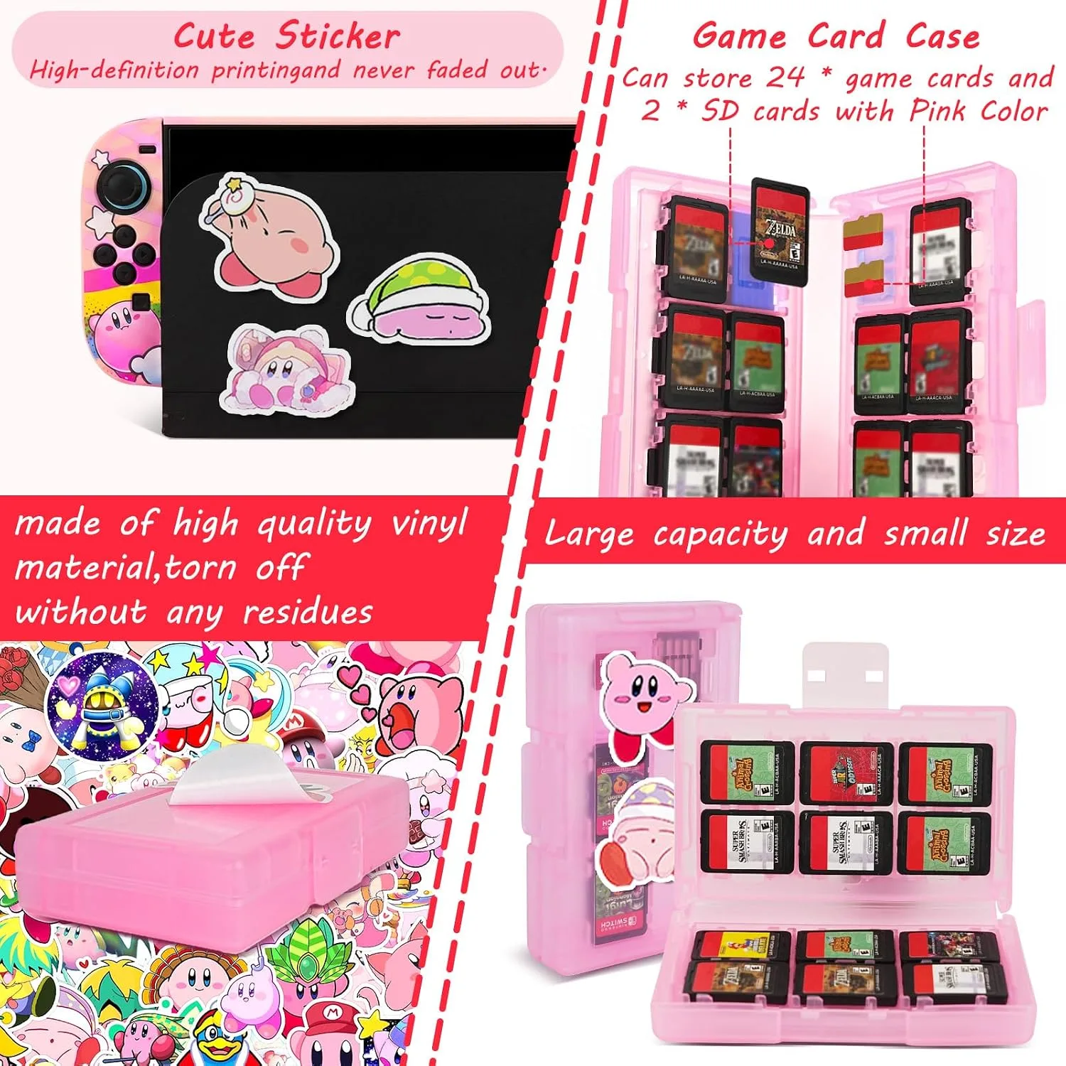 TIKOdirect Carrying Case for Switch 2, Cute Portable Bag Accessories with Soft Protective Case, Screen Protectors and Thumb Grip caps, Game Card Case 7in1, Pink