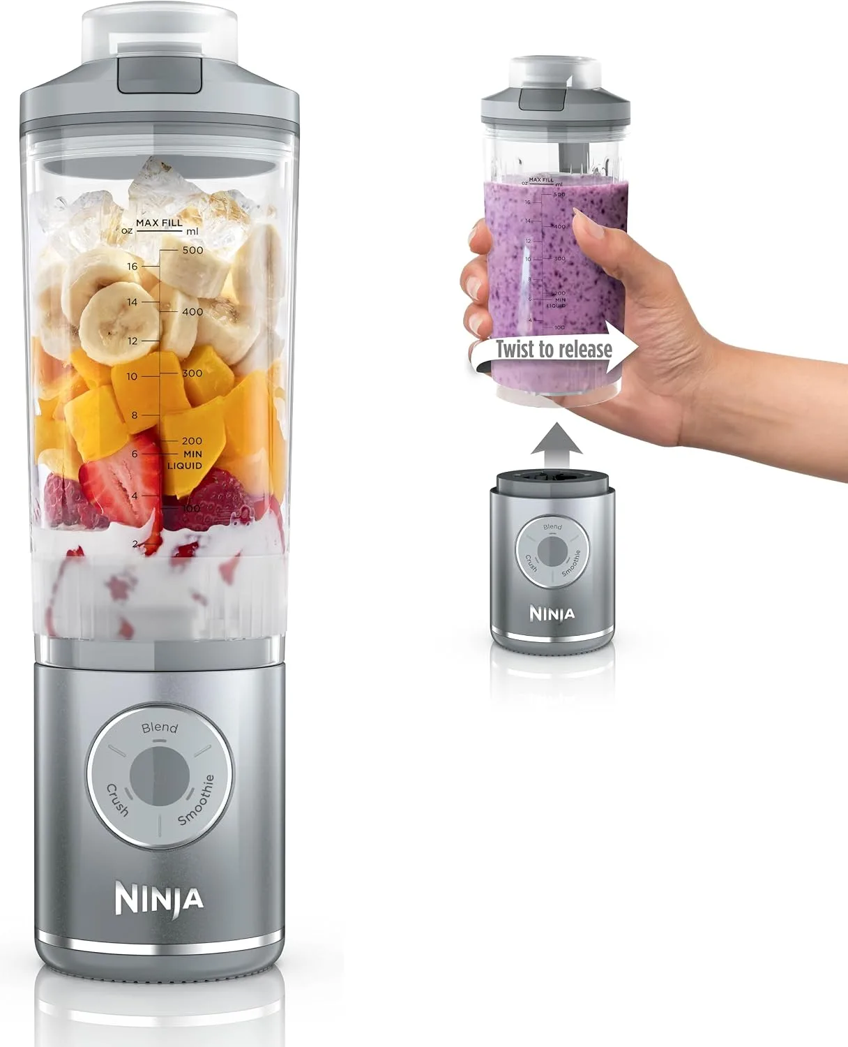 Ninja Blast Max Portable Blender, Twist & Go, 22oz, Silver, BC251SL