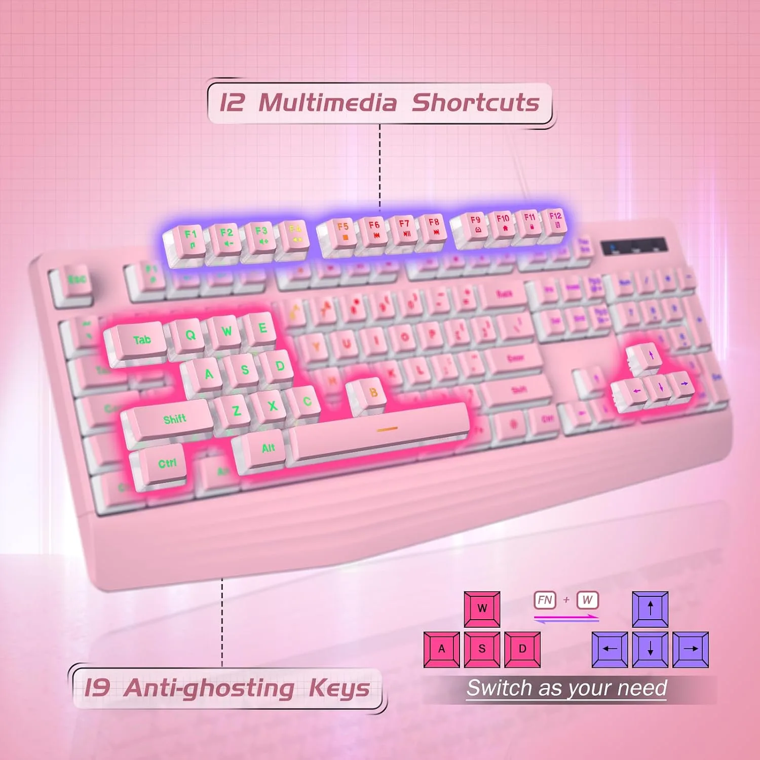 yesbeaut Pink Wired Keyboard, LED Backlit, 104 Keys Silent Light Up Gaming