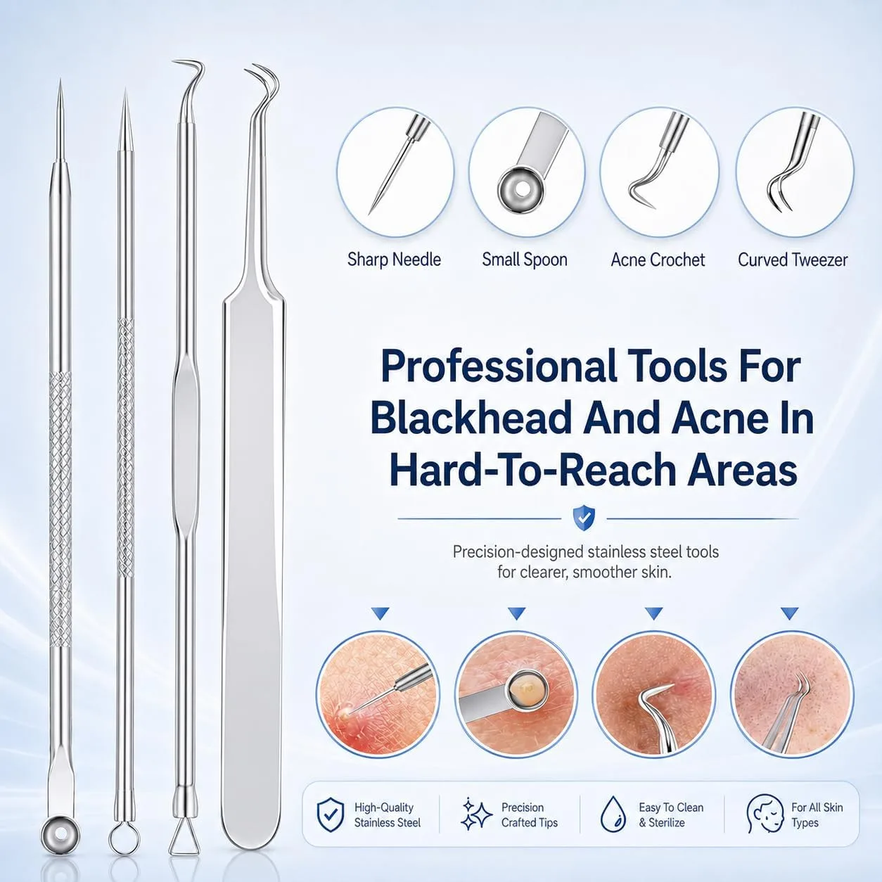 MENOLY Pimple Popper Tool Kit 10 Pcs Blackhead Remover Tool Zit Popper for Blemish, Pimple Comedone Extractor Acne Tool for Blackheads, Acnes, Whiteheads Nose Face with Leather Bag