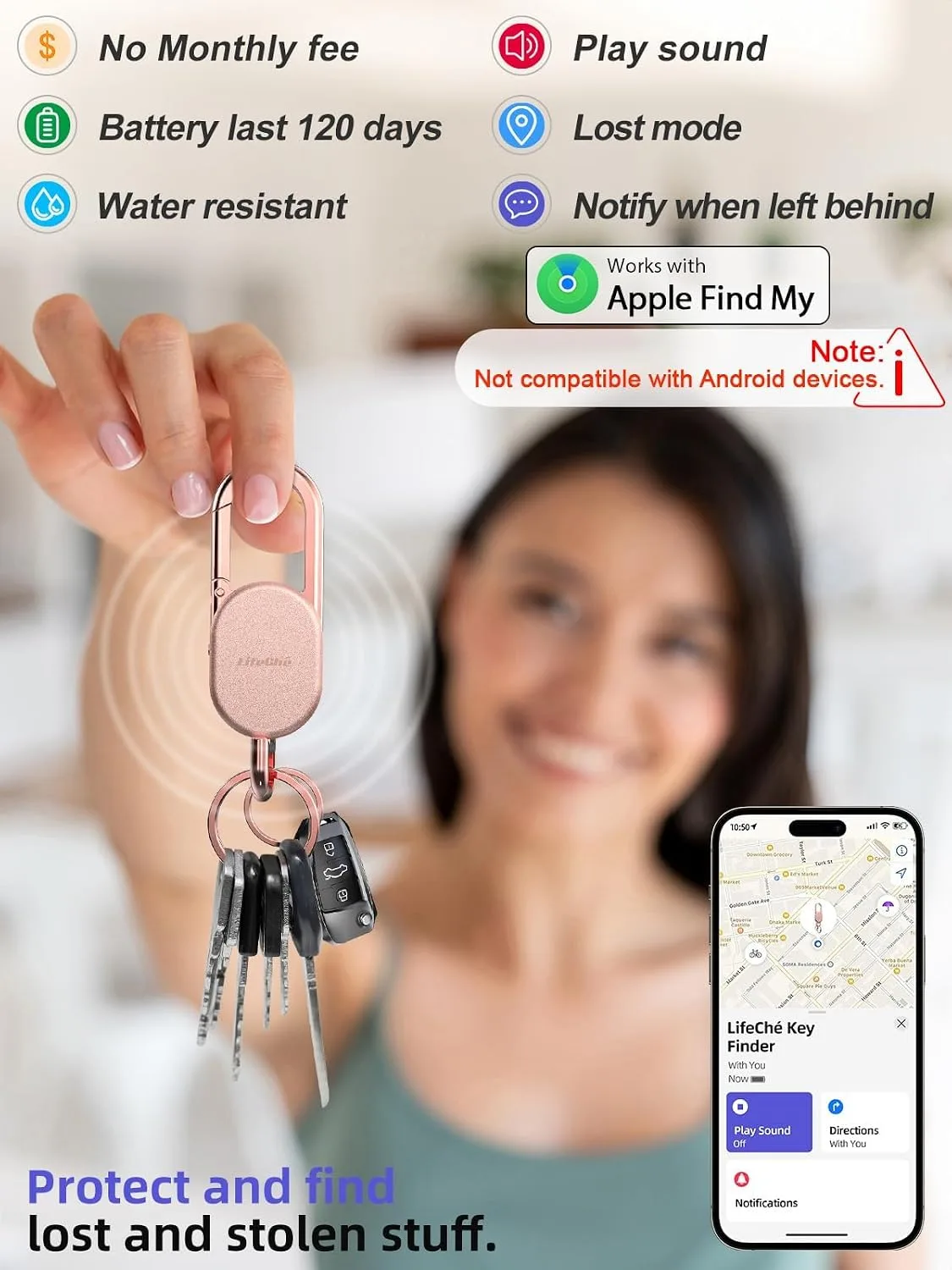 Find My Key Finder, Stainless Steel Keychain, Rechargeable Tracker