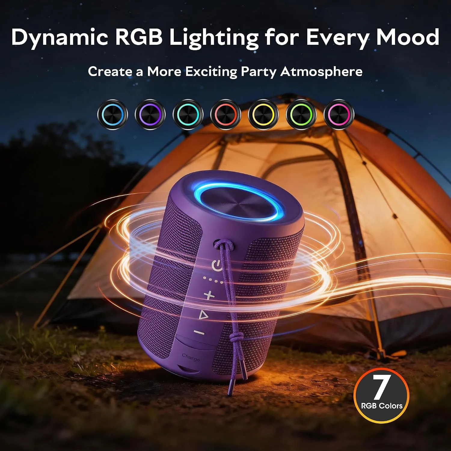Portable Bluetooth Speaker, IPX7 Waterproof Wireless Speaker with 20W Loud Stereo Sound, 15H Playtime & Beat-Synced RGB Light, Small Outdoor Speaker for Shower,Pool,Beach,Hiking,Gifts(Purple)