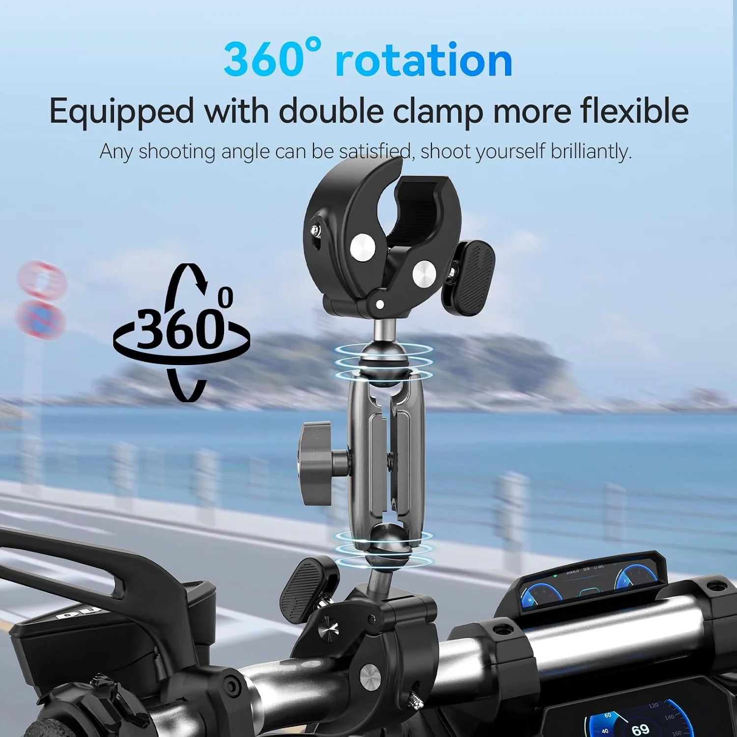 TELESIN 360 Dual Ball Clamp Mount, Bike Bicycle Motorcycle Handlebar Stick Pole Mount Holder Accessories for DJI Action 6/5/4/3, GoPro Mission 1 PRO, Hero 13 12, Insta360 Luna Ultra 360 X5, Xtra Muse