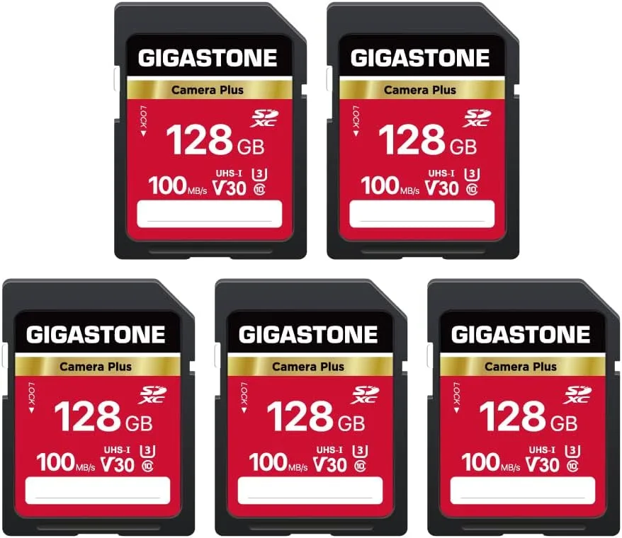 GIGASTONE 128GB SD Card 5-Pack, Camera Plus, UHS-I A1 V30 U3 SDXC Memory Card High Speed UHD Video Speed up to 100MB/s, Compatible with Digital Camera, with 5 Mini Cases