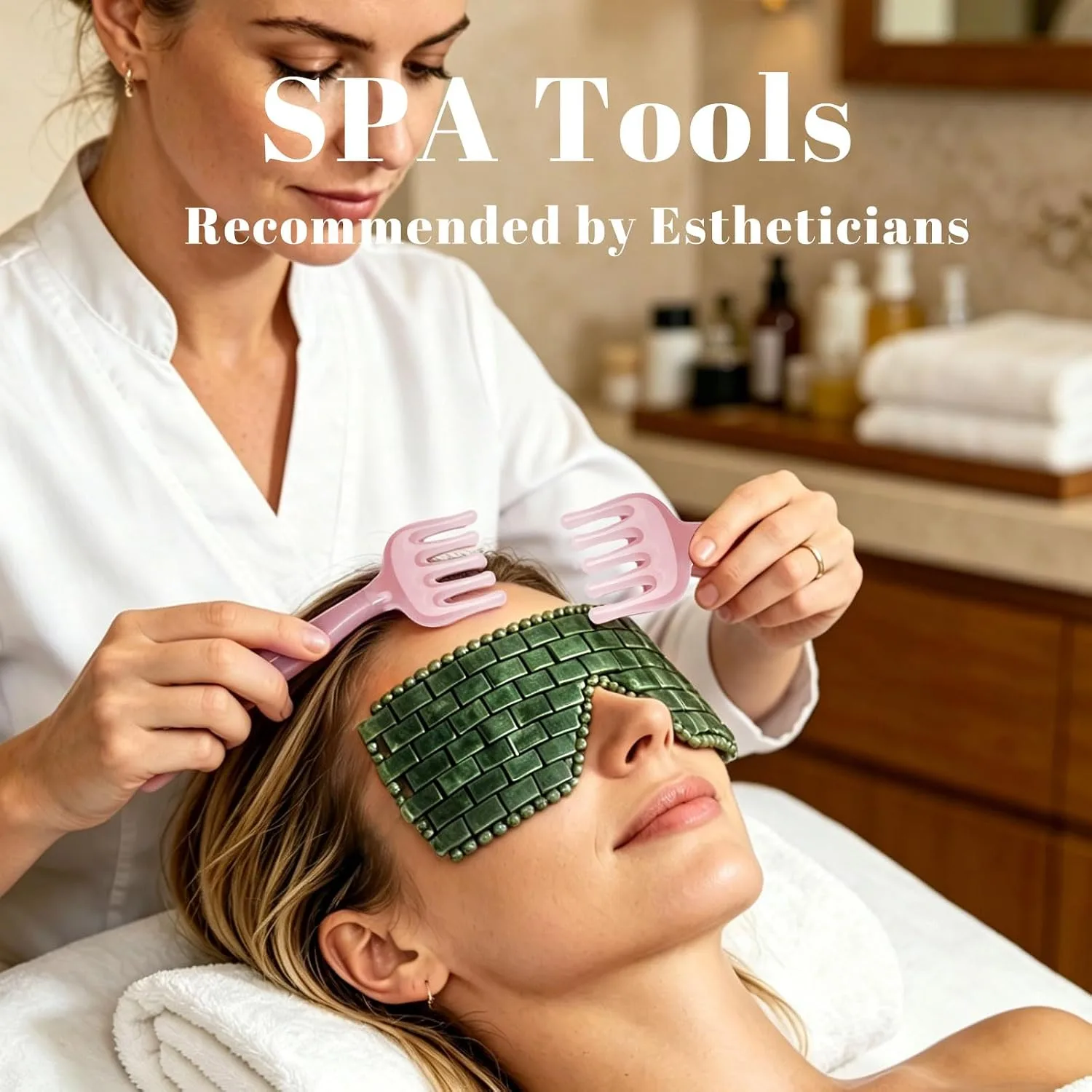 gemshan 3Pcs Jade Eye Mask and Resin Hair Comb Set, Natural Green Jade Cooling Eye Mask + Resin Guasha Scalp Massager, for Eye Fatigue & Head Stress Relief, Ideal Gift for Esthetician Home Use