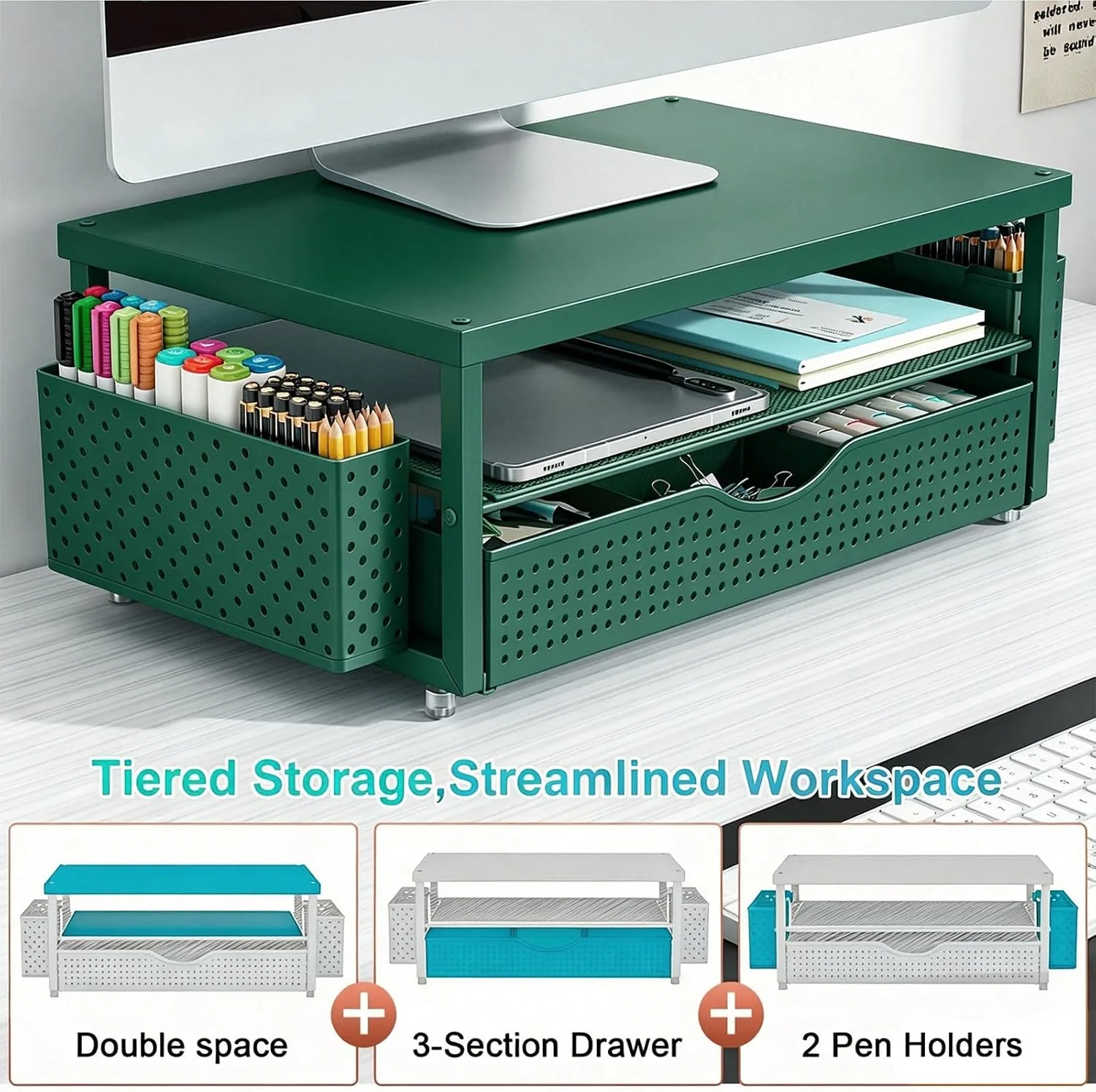 gianotter Monitor Stand with Drawer and 2 Pen Holders (Green)