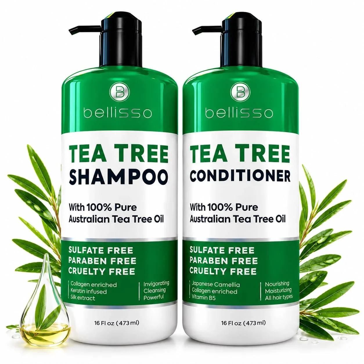 Set de Shampoo y Acondicionador Tea Tree Bellisso con Aceite de Árbol de Té Australiano