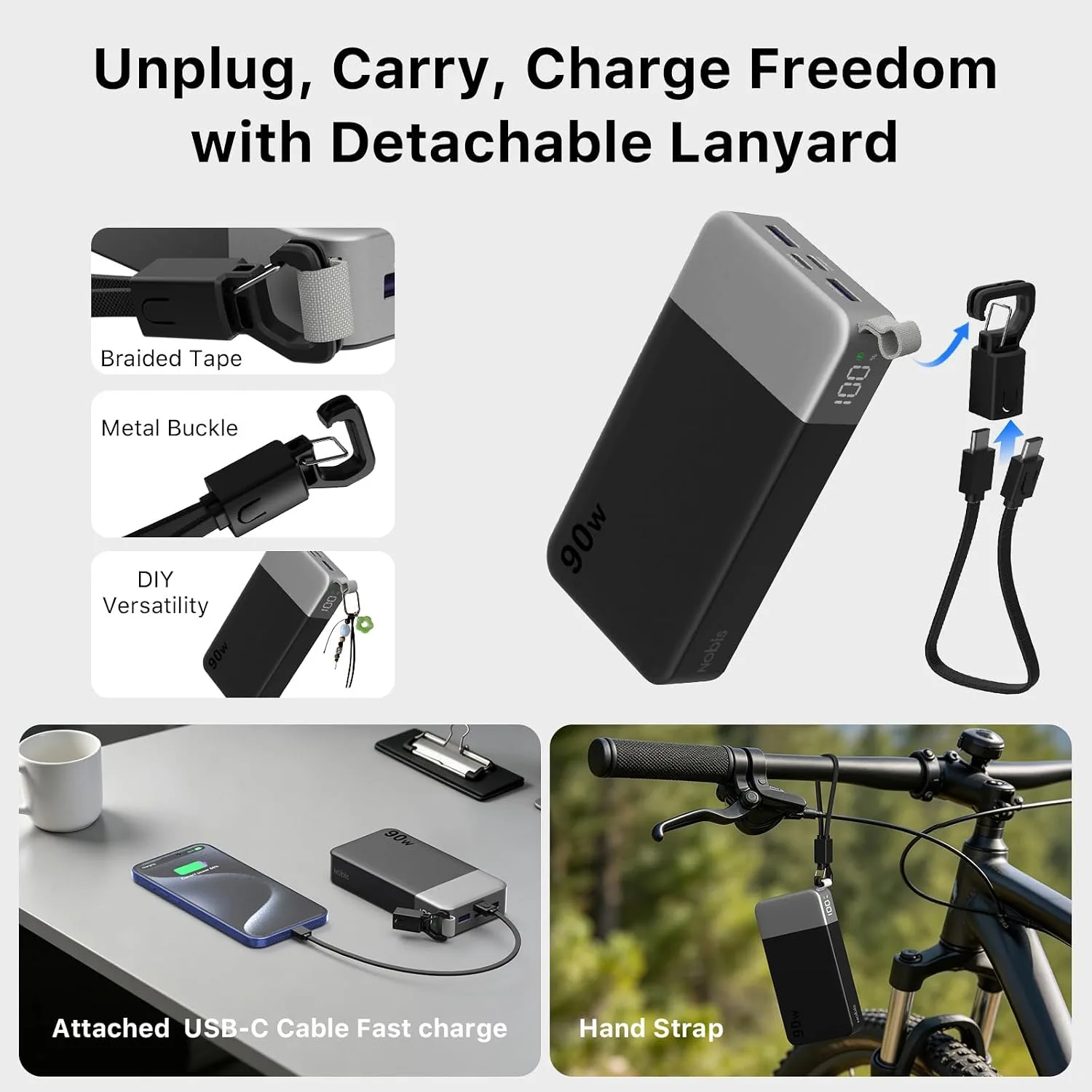 NOBIS 90W Portable Charger 20000mAh Power Bank with Detachable C-Cable
