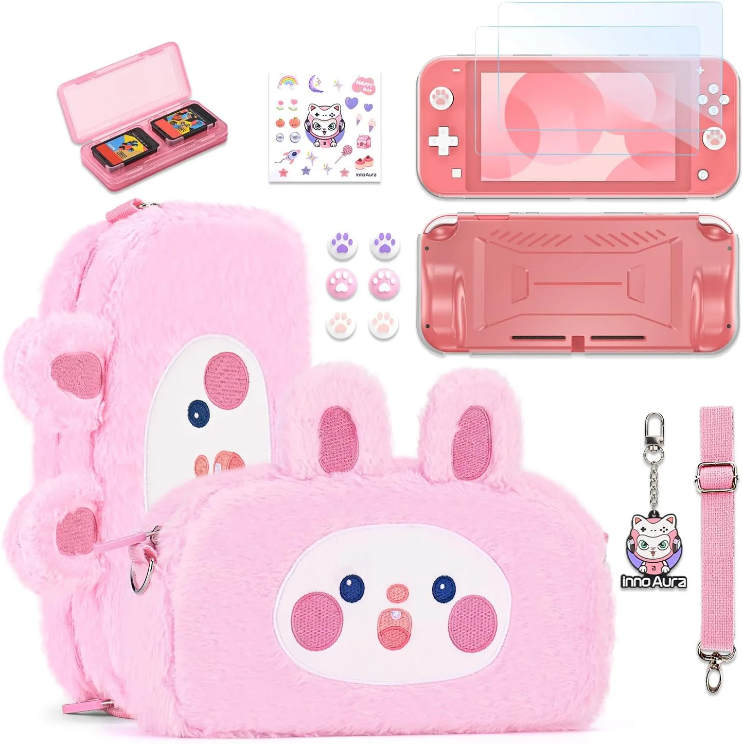 innoAura Switch Lite Case 14-in-1 Accessories Bundle for NS Switch Lite (2019), with Protective Carrying Case, Game Holder, Screen Protector & Cute Thumb Grips, Pink Rabbit Plush Bag