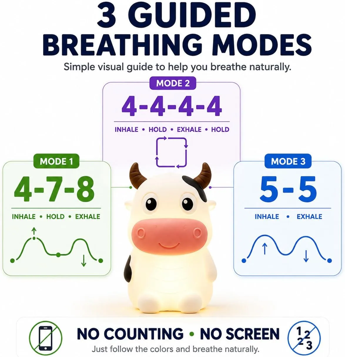 Breathing Loong Guided Visual Breathing Light for Mindfulness Relief | Relaxation Tool | Focus Meditation Device & Calming Night Light | Ideal for All Ages, Home & School Use (Cow)