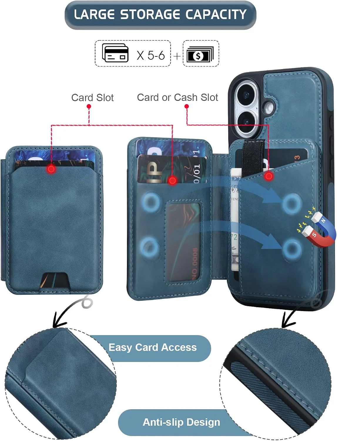 Magnetic Detachable Wallet Case for iPhone 16 with Kickstand,2-in-1 MagSafe Compatible RFID Blocking Card Holder,Slim PU Leather Cover Blue