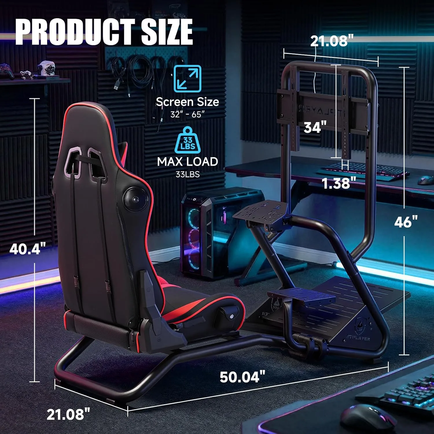 GTPLAYER Racing Simulator Cockpit with Monitor Stand and Seat and Bluetooth Speakers, Racing Style Reclining Seat and Ultra-Sturdy Alloy Steel Frame Racing Wheel Pedals NOT Included, Red